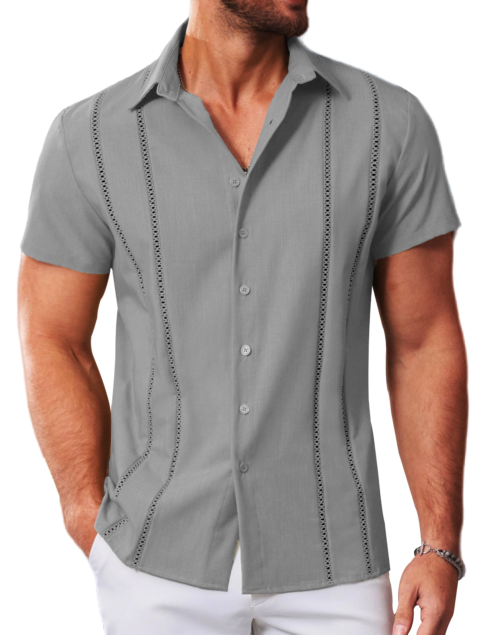 MAPICK Men's Cuban Guayabera Casual Shirts Button Down Short Sleeve Dress Shirt Summer Beach Mexican Tops