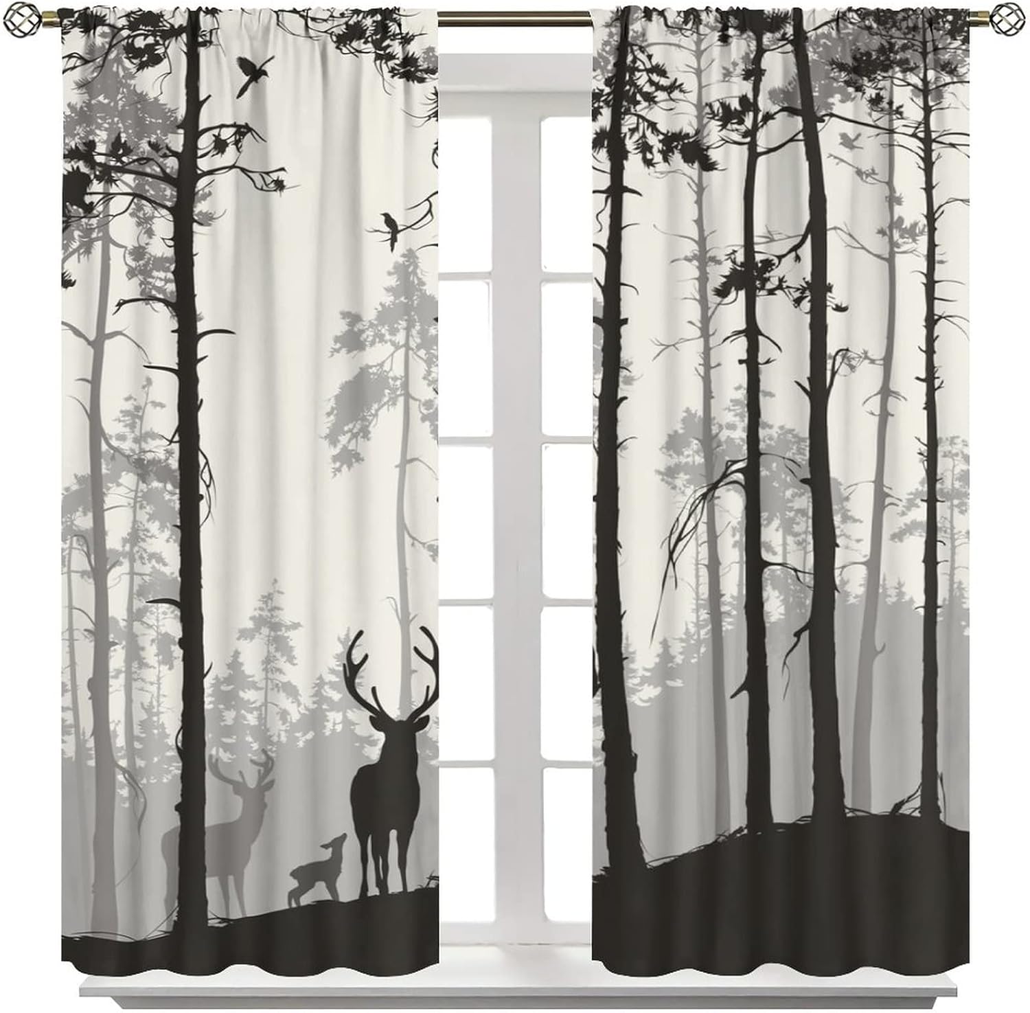 Deer Curtains Rustic Woodland Forest Family Deer Birds Silhouette Pine Rod Pocket Blackout Window Drapes 2 Panels Set for Bedroom Living Room Decor 42x45in