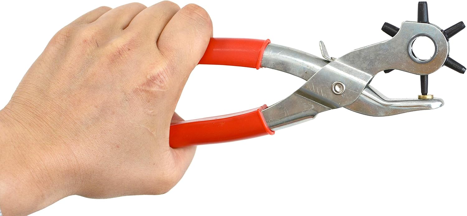 Leather Hole Punch Tool Set Heavy Duty 6 Size Revolving Leather Belt Hand Hole Puncher for Belts, Watch Bands, Straps, Dog Collars, Saddles, Shoes, Fabric, DIY Home or Craft Projects (9'', Silver/Red)