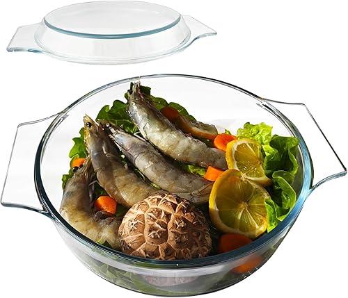 Cacerola de vidrio de 1.6 cuartos (50 onzas) con tapa de vidrio, fácil de agarrar cubierta de vidrio apto para microondas, apto para horno, plato