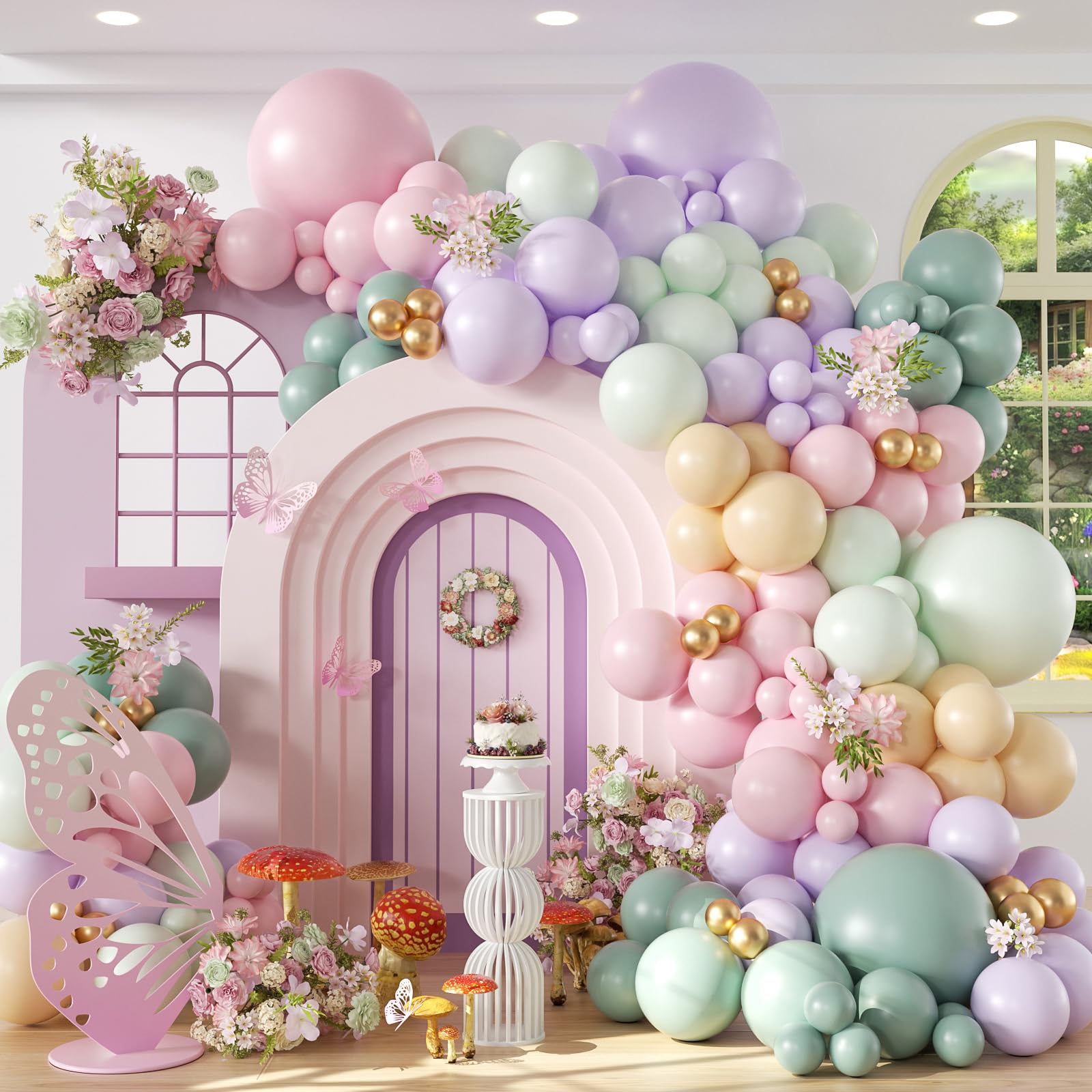 Photo 1 of 157pcs Pastel Pink and Purple Balloon Arch Garland Kit, Pink Purple Teal Light Green Nude Metallic Gold Latex Balloons for Baby Shower Spring Garden Tea Party Decorations