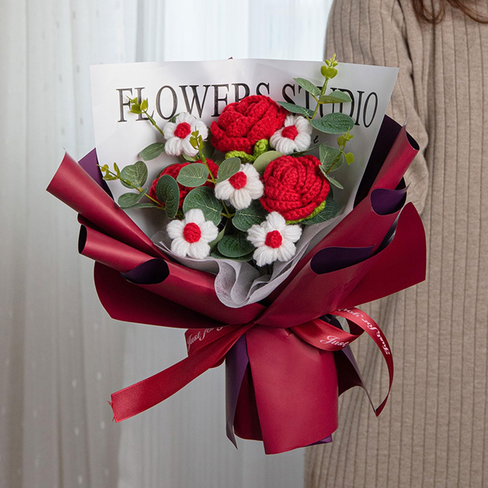 Handgehäkelter Blumenstrauß Aus Milchbaumwolle – 35cm Mit Rosen & Gänseblümchen Für Geschenke