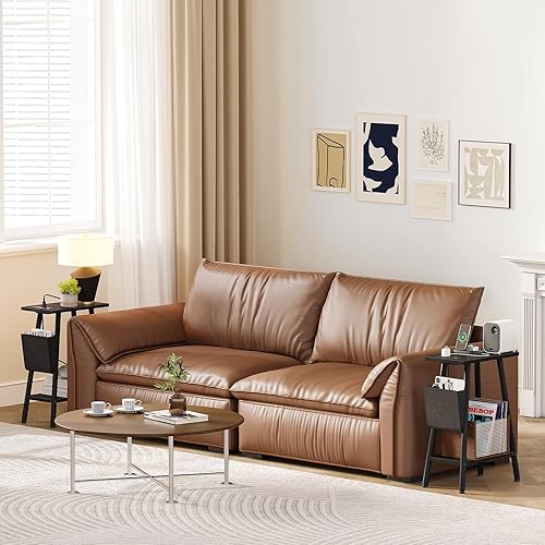 Miniatura 7 de MOHOPE Mesa auxiliar pequeña y estrecha con estación de carga  Mesa auxiliar delgada con bolsa de almacenamiento  Mesita de noche delgada de 2