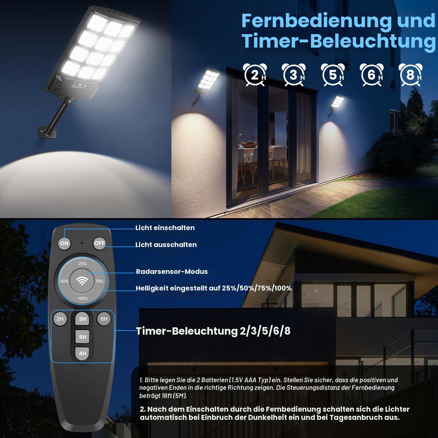 Solar Straßenlaterne für Außen, Solarlampen mit Bewegungssensor, 6000K Solarleuchten Dämmerung bis zum Morgengrauen mit Fernbedienung, IP67 Solar Wandleuchten für Garten Garage - 2 Pack