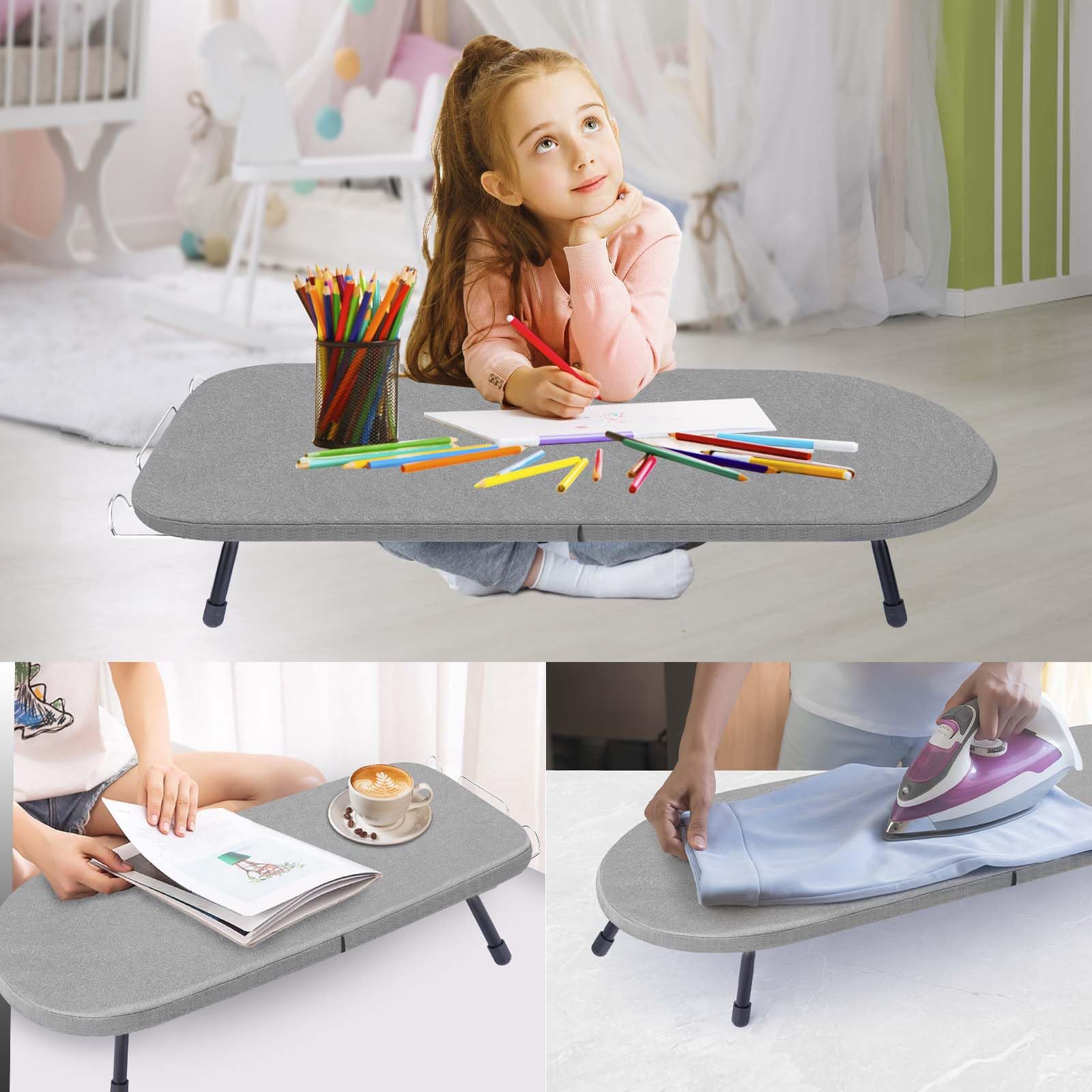 Klappbares Tischbügelbrett mit Eisenständer, Kleines Bügelbrett mit Anti-Rutsch-Klappbeine, Stabil Metallgewebe Bügelbrett für Wohnheime, Wohnungen und Reisen, 83x31 cm, Grau