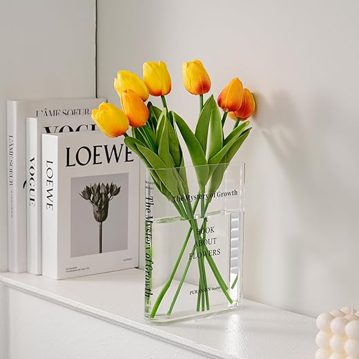 Book Vase for Flowers, Aesthetic Room Decor, Artistic and Cultural Flavor Decorative Acrylic Vase, Unique Home/Bedroom/Office Accent, Book Shaped, Patented Products (Clear - B)