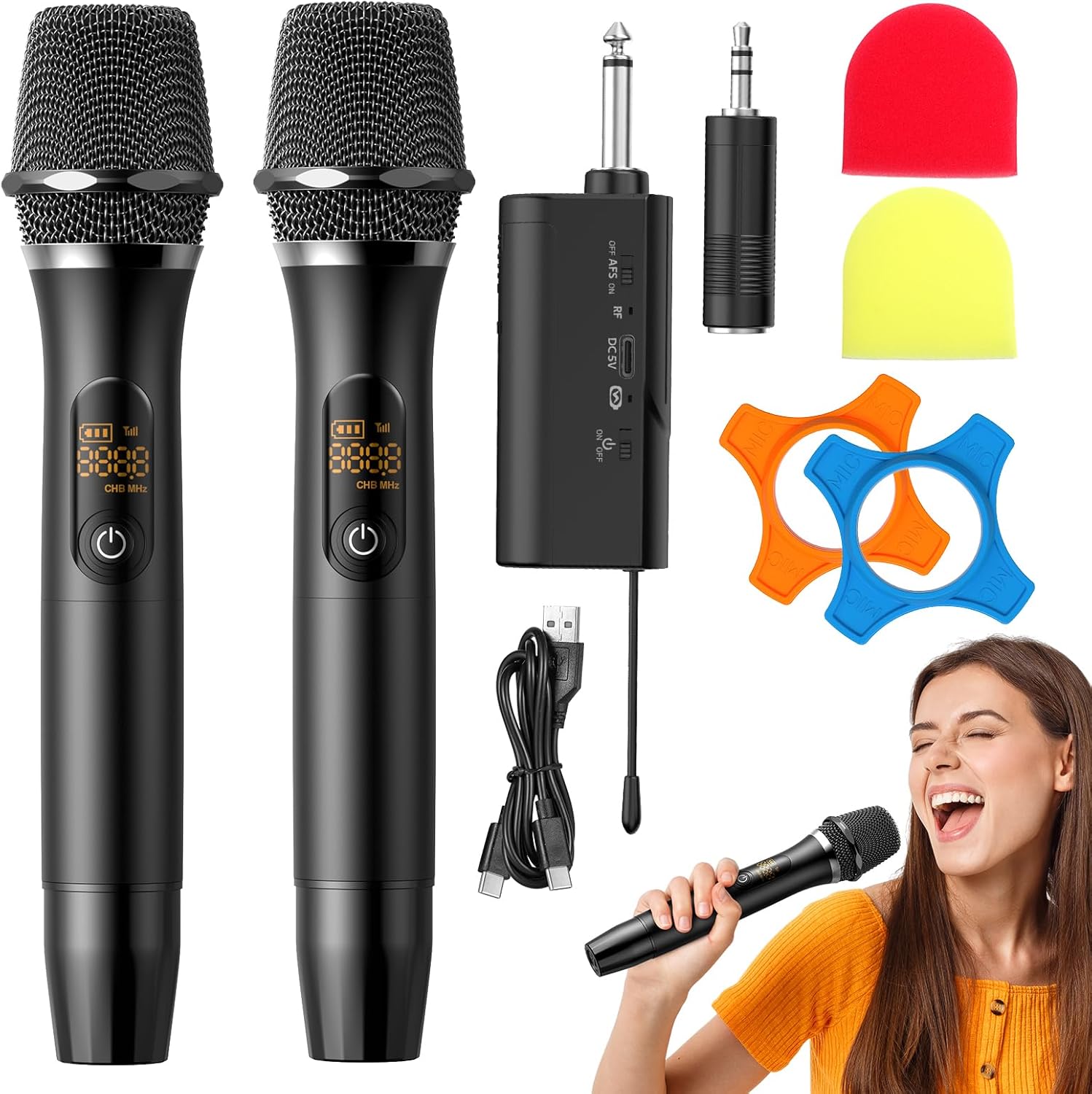 Rechargeable Wireless Microphones, Professional UHF Dual Microphones with Rechargeable Receiver, for Karaoke, Wedding, DJ, Party & Speech