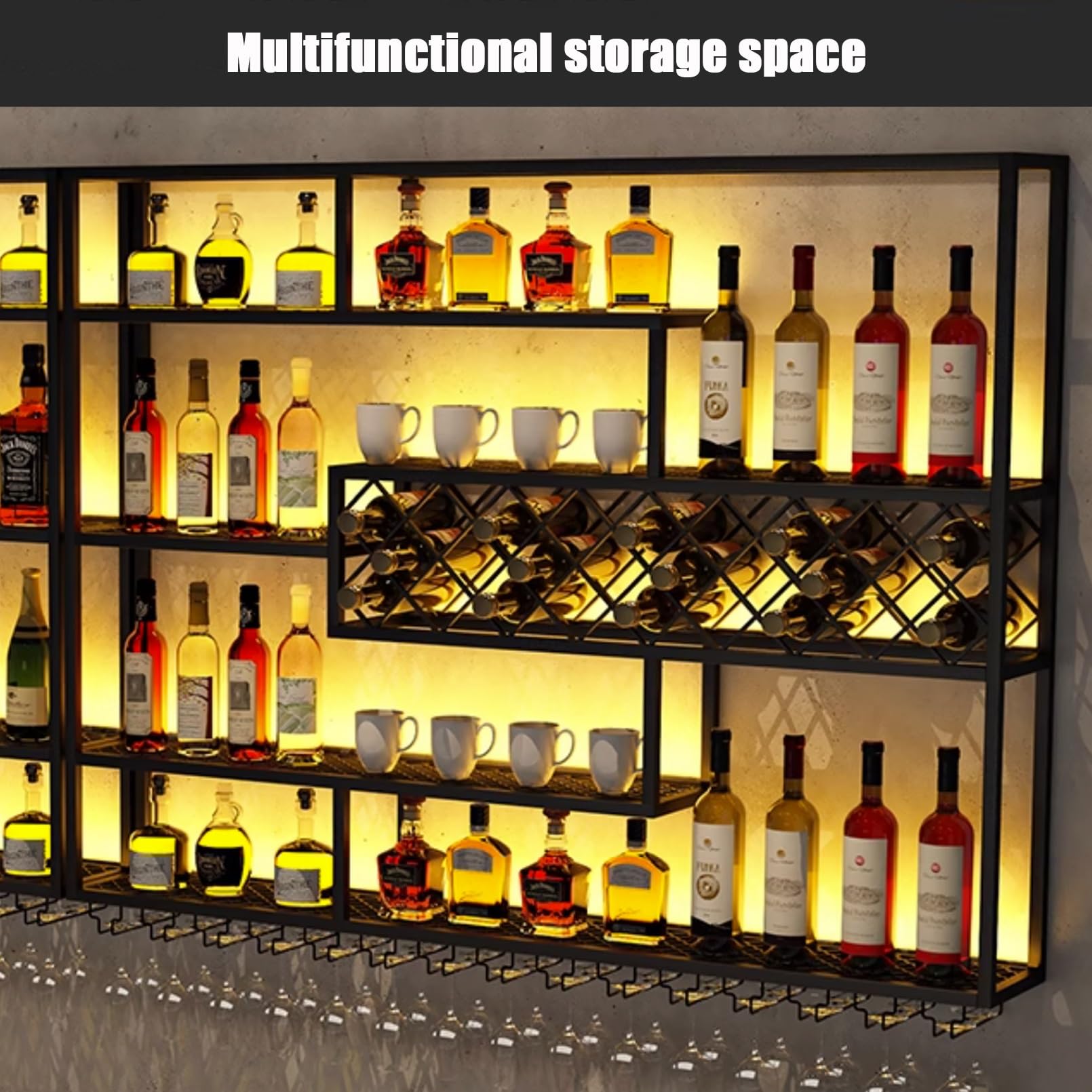 Portabottiglie da parete in stile industriale con luci a LED, ripiani bar sospesi, espositore salvaspazio per bottiglie di liquore e portabicchieri, design moderno in metallo (118,1"x7,9"x47