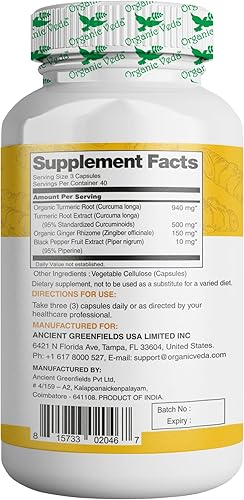 Miniatura 2 de Organic Veda Cápsulas de cúrcuma y jengibre, 120 píldoras, curcumina de cúrcuma orgánica con pimienta negra para apoyo articular, sin OMG, sin