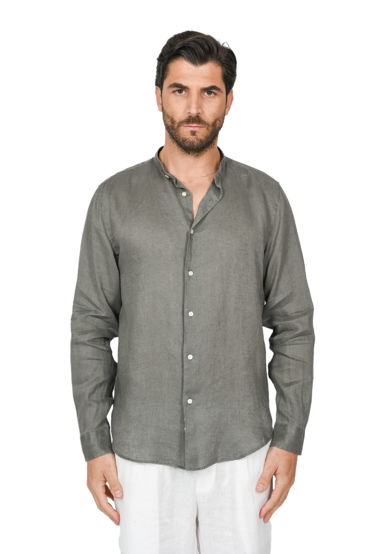 Camisa De Hombre Elegante Slim Fit Cuello Coreano 100% Lino Camisas Casual Manga Larga