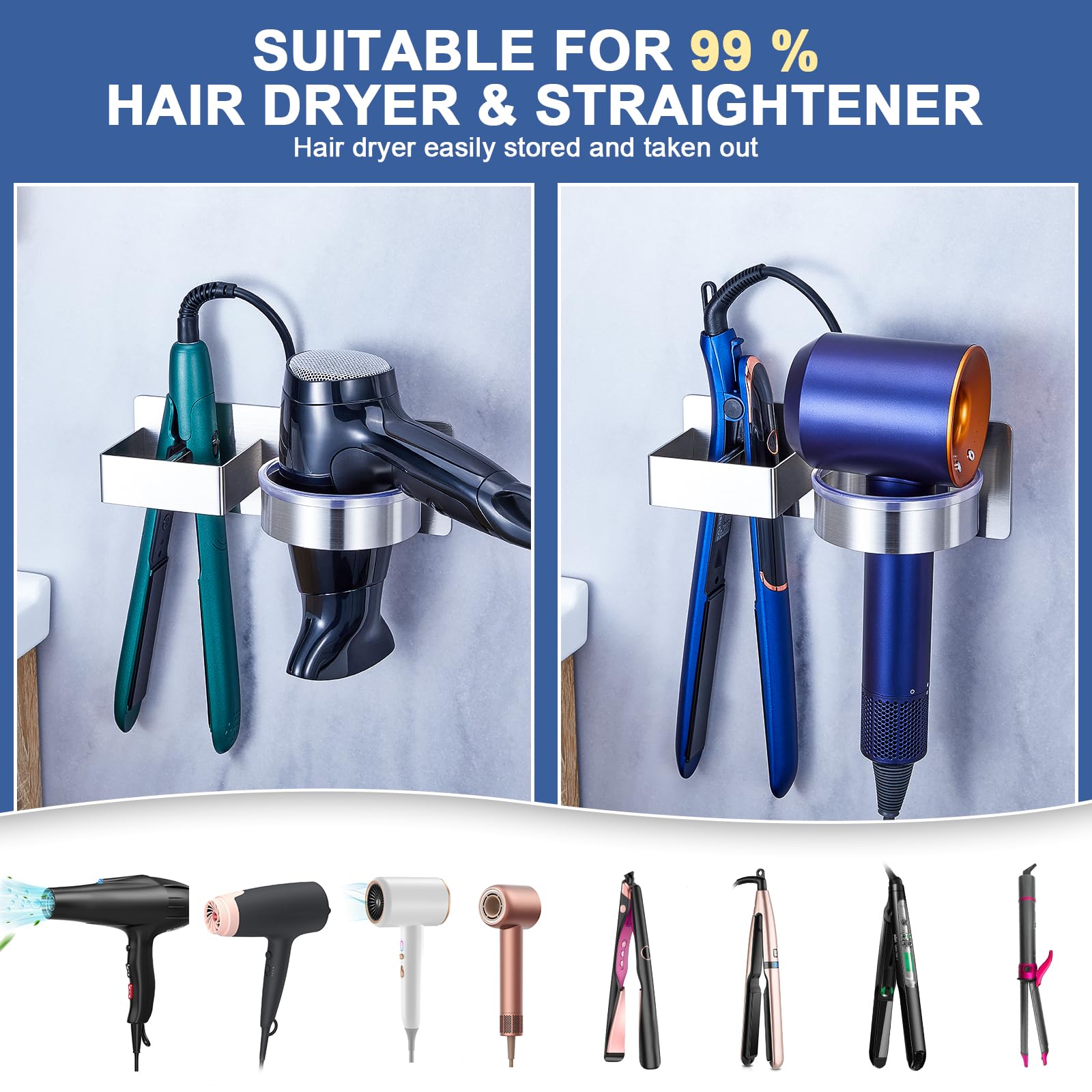 Soporte para secador de pelo montado en la pared, organizador de herramientas de pelo para baño, soporte adhesivo para secador de pelo, soporte para secador de pelo de acero inoxidable