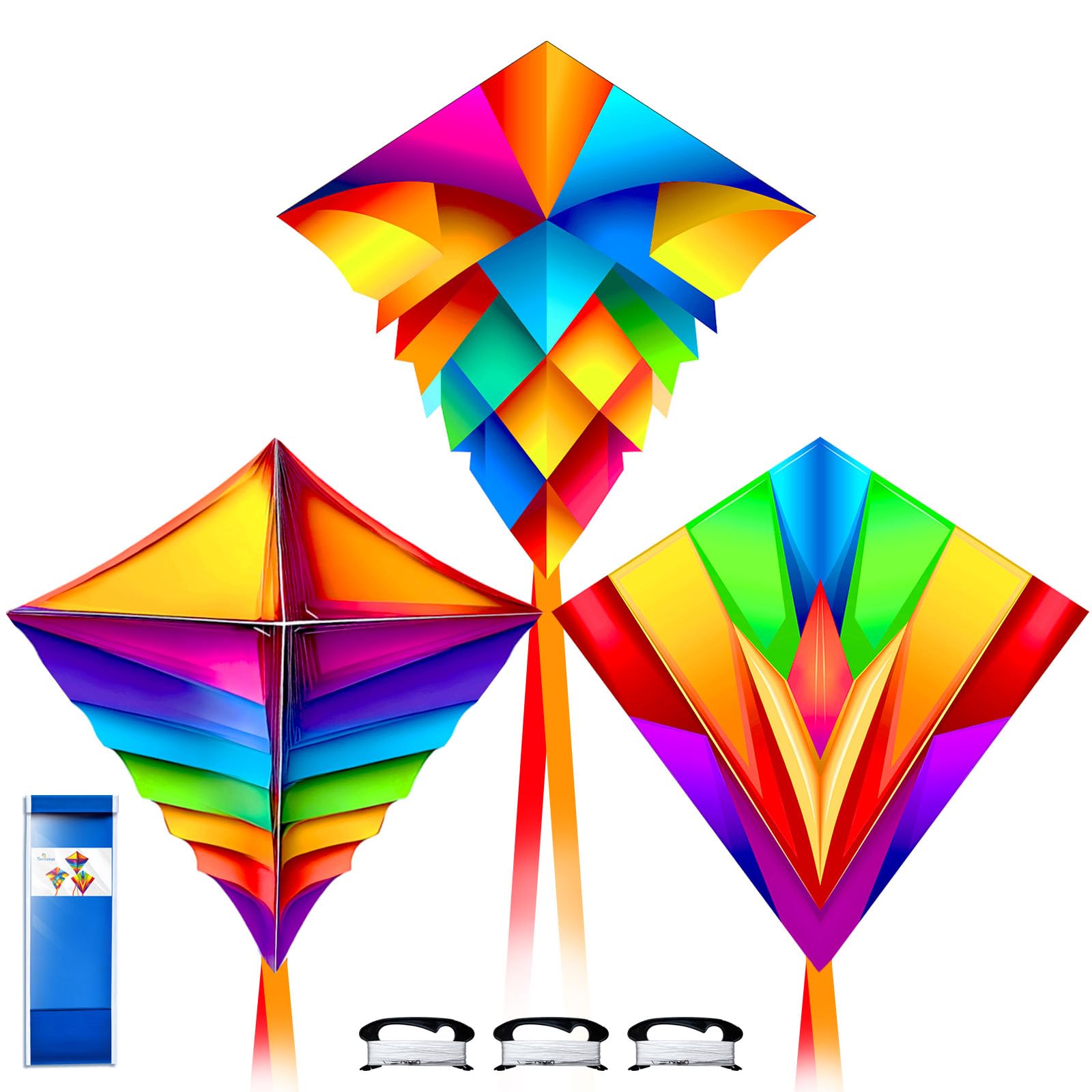 Simxkai Vibrant Diamond Kite Trio - Colorful Easy-Fly Set for Outdoor Fun