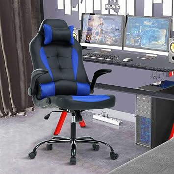 Gaming Chair Office Chair Computer Chair with Lumbar Support& Headrest, Adjustable Ergonomic Swivel Task Executive Desk Chair High-Back Racing Style Leather Gaming Chair for Adults, Blue