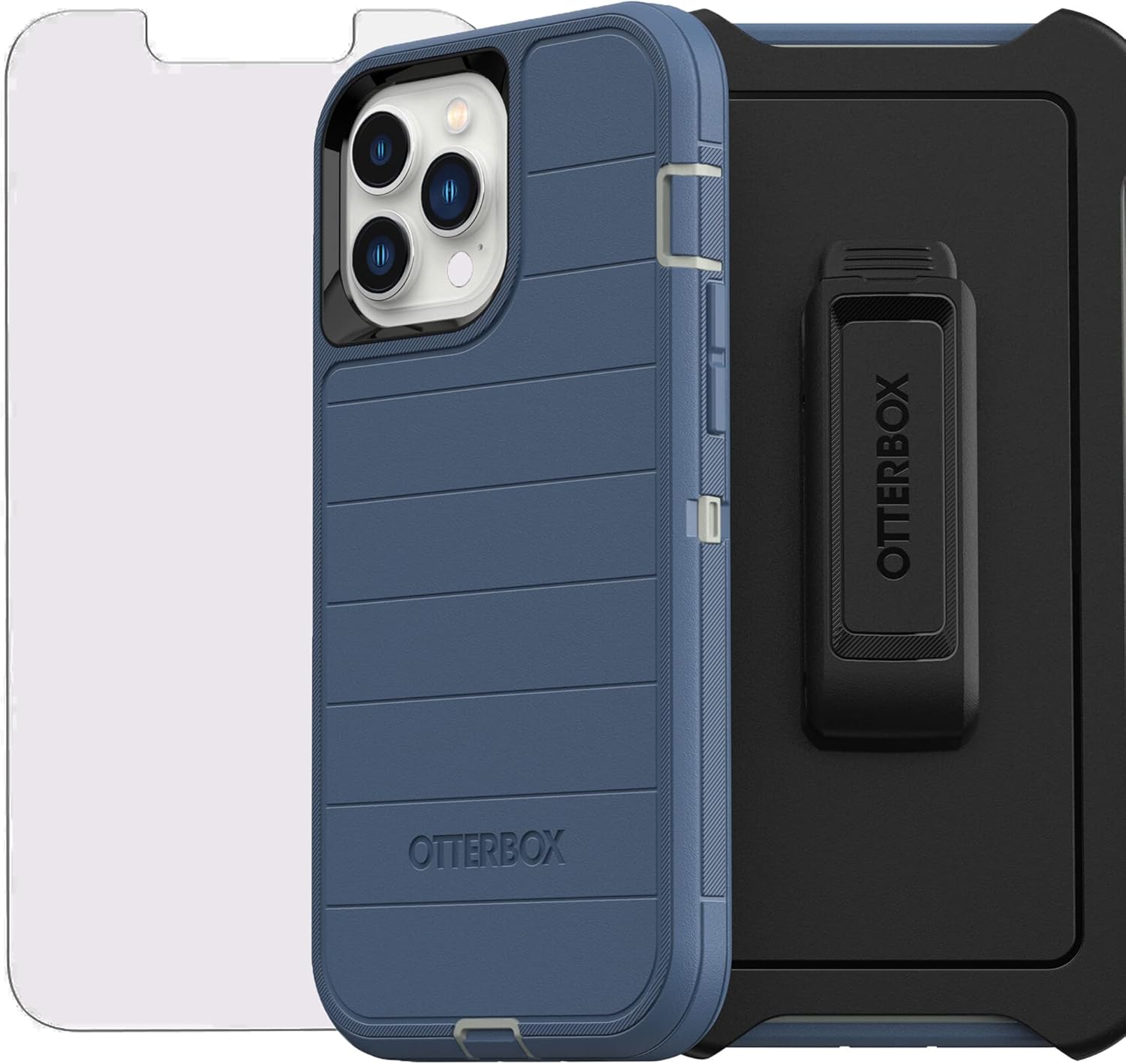 OtterBox Defender Series iPhone Case + Bonus Screen Protector, Apple Phonecase, Wireless Charging, Removable Rotating Belt-Clip Holster/Kickstand (Fort Blue, iPhone 13 Pro Max)
