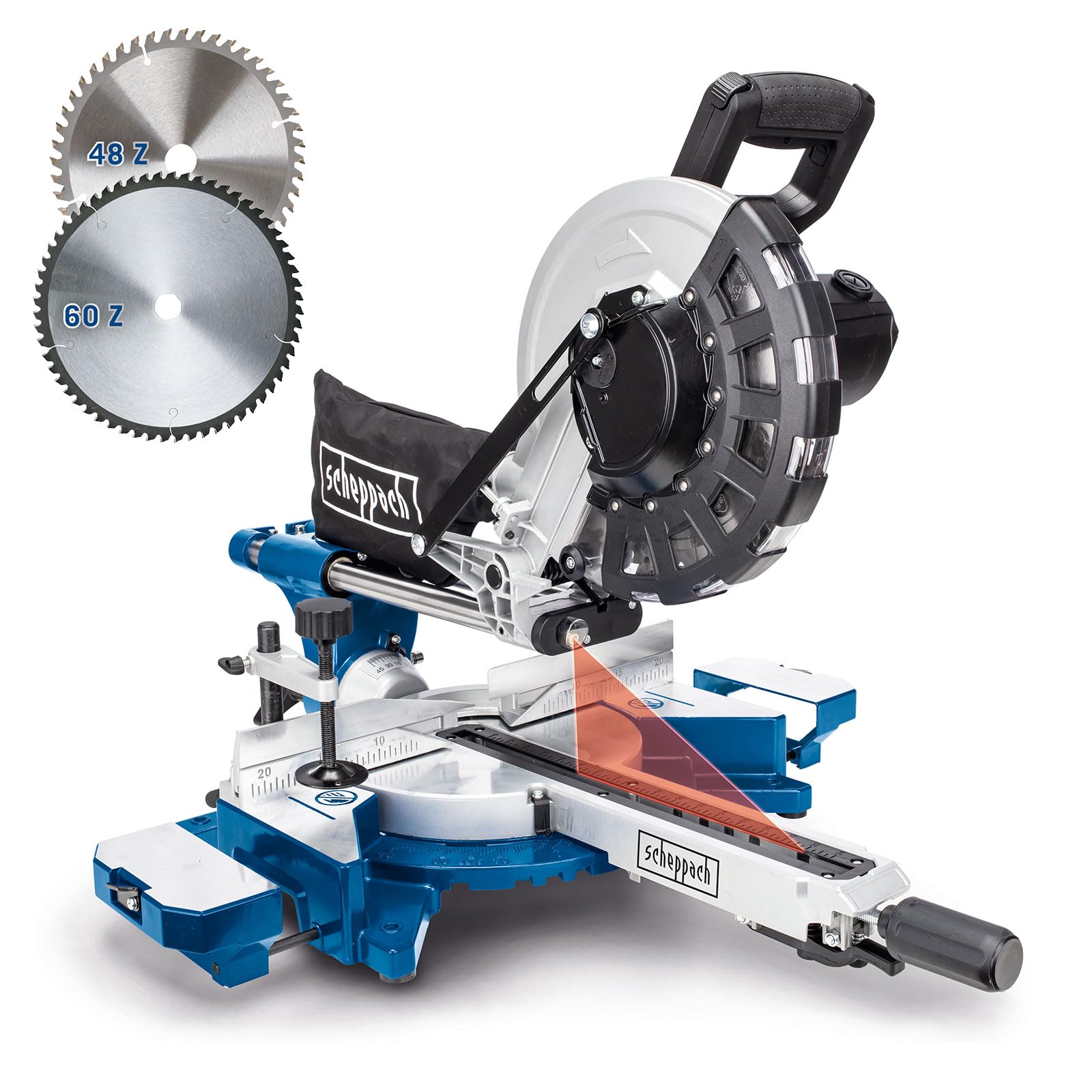 Scheppach Scie à onglets avec démarrage progressif & laser HM254 | 2000W | Lame Ø255mm | Largeur/hauteur de coupe : 340mm x 90mm |Scie radiale | 2ème lame incluse | Avec support UMF1600