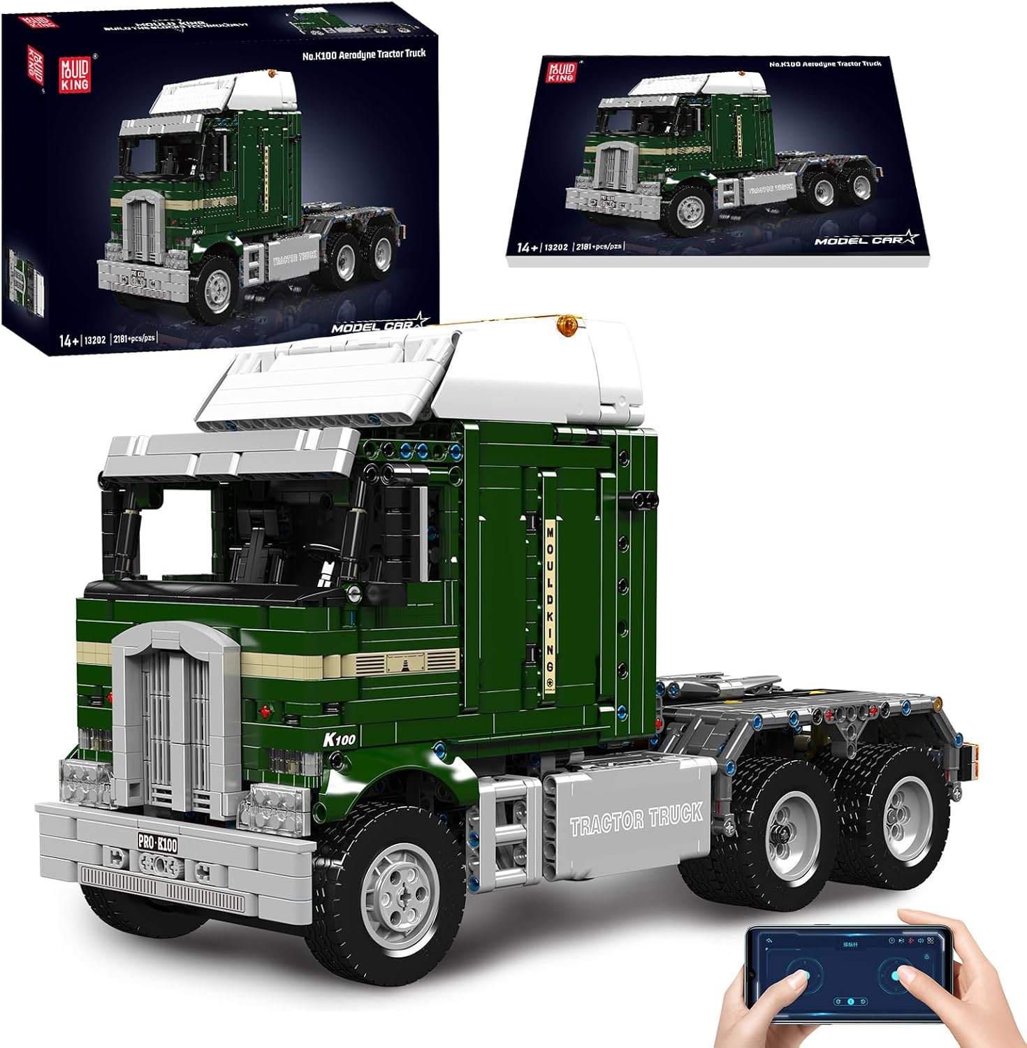 Mould King 13202 Pneumatic K100 Tractor Truck Building Kit,APP Dual Remote Control Car Building Block, 2181+ PCS RC Model Car