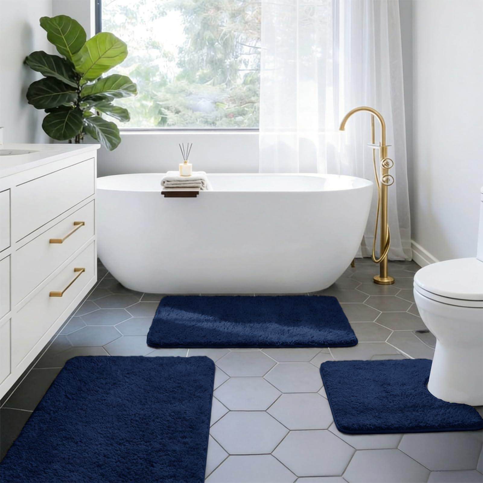 Letopati Bath Mat Sets 3 Piece, Non Slip Rubber Backing Bath Mats for Bathroom Floor, Extra Soft Microfiber Bathroom Mat and Toilet Mat, Absorbent Washable Bath Rug Sets, Blue
