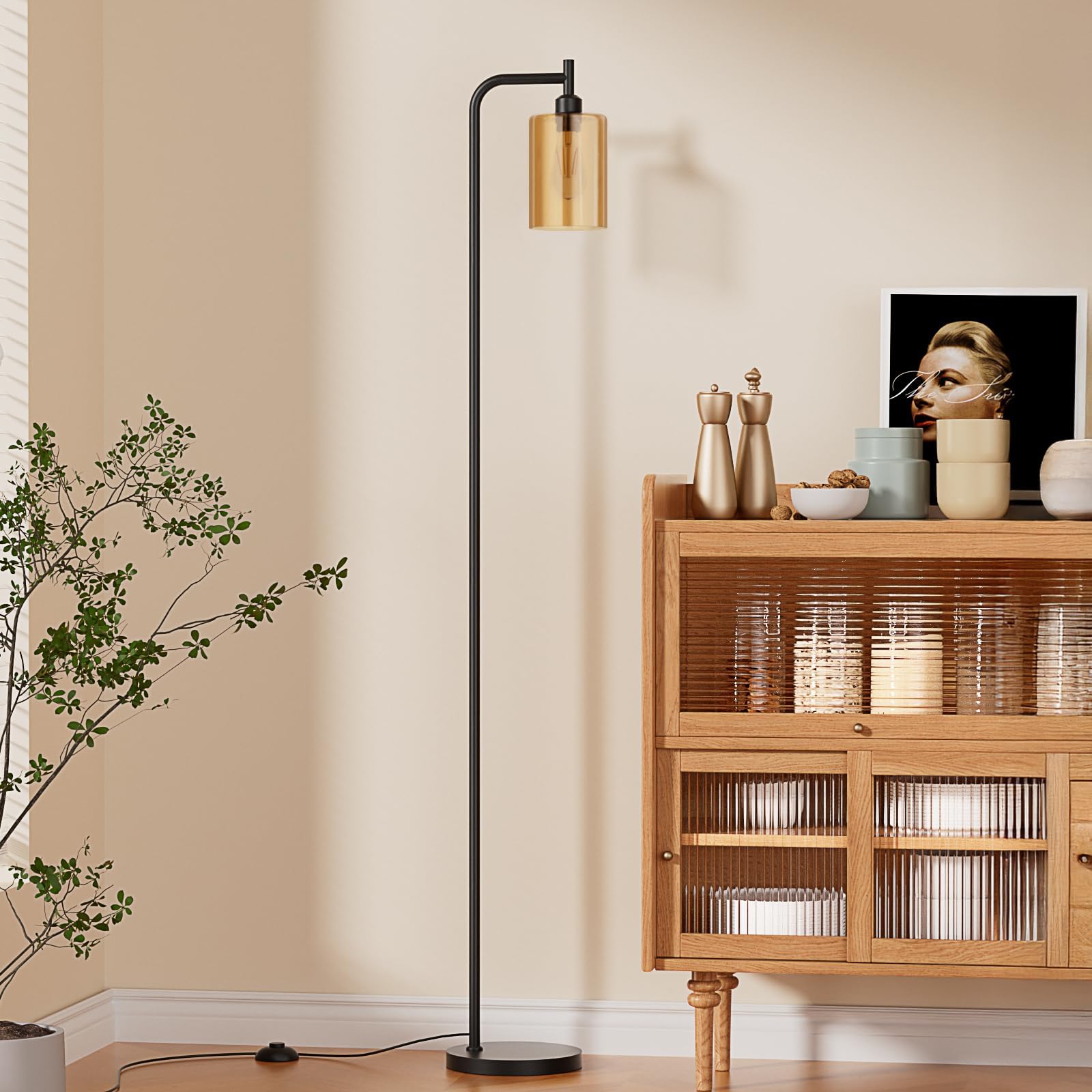 Floor Lamps for Living Room - Standing Lamp with Amber Glass Shade, Modern Floor Lamp with LED Bulbs, Industrial Floor Lamp for Bedroom, Black Tall Lamp for Office(Light Bulb Included)