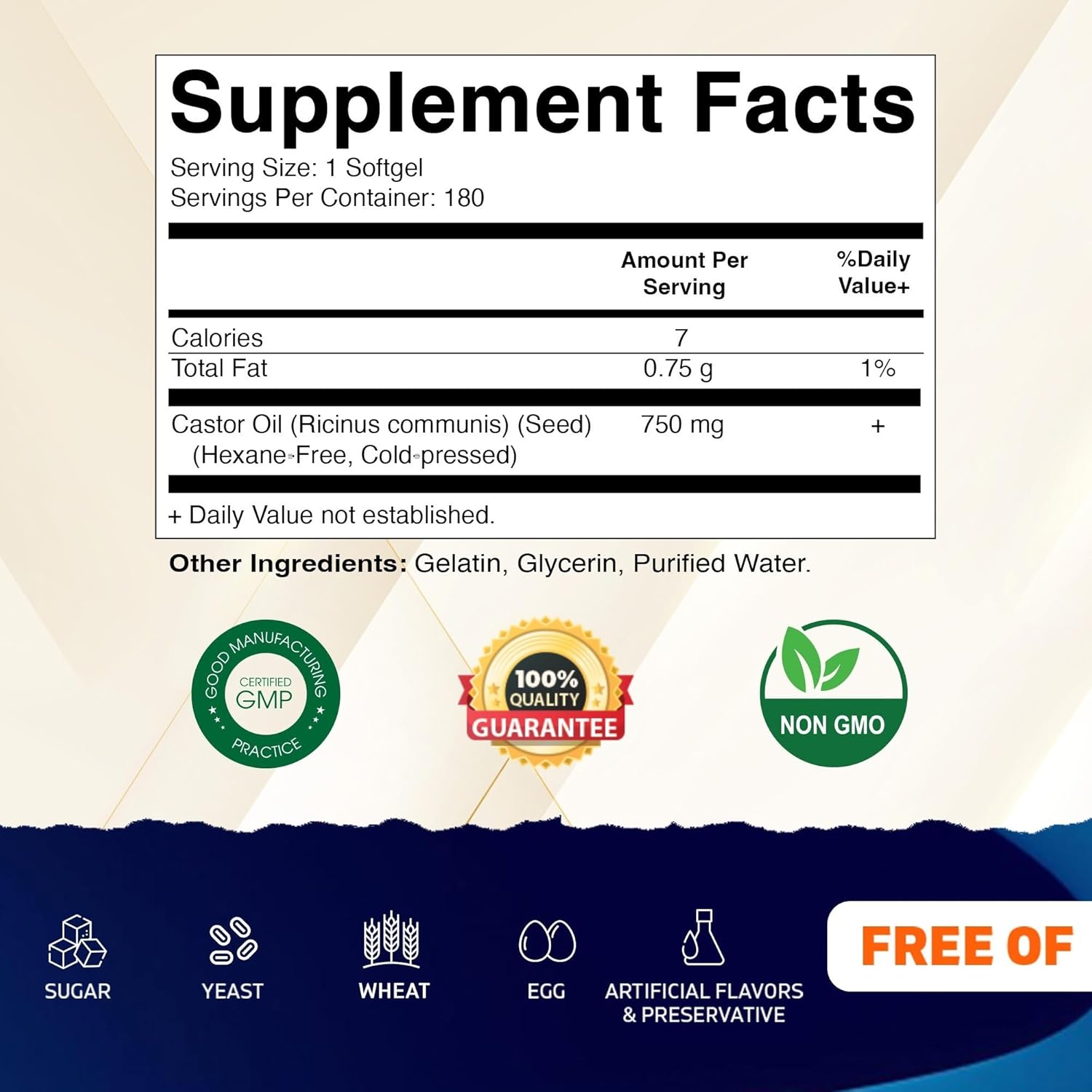 Vitamatic Castor Oil Softgels 750 mg | Cold Pressed | 180 Softgels | Easy-to-Swallow