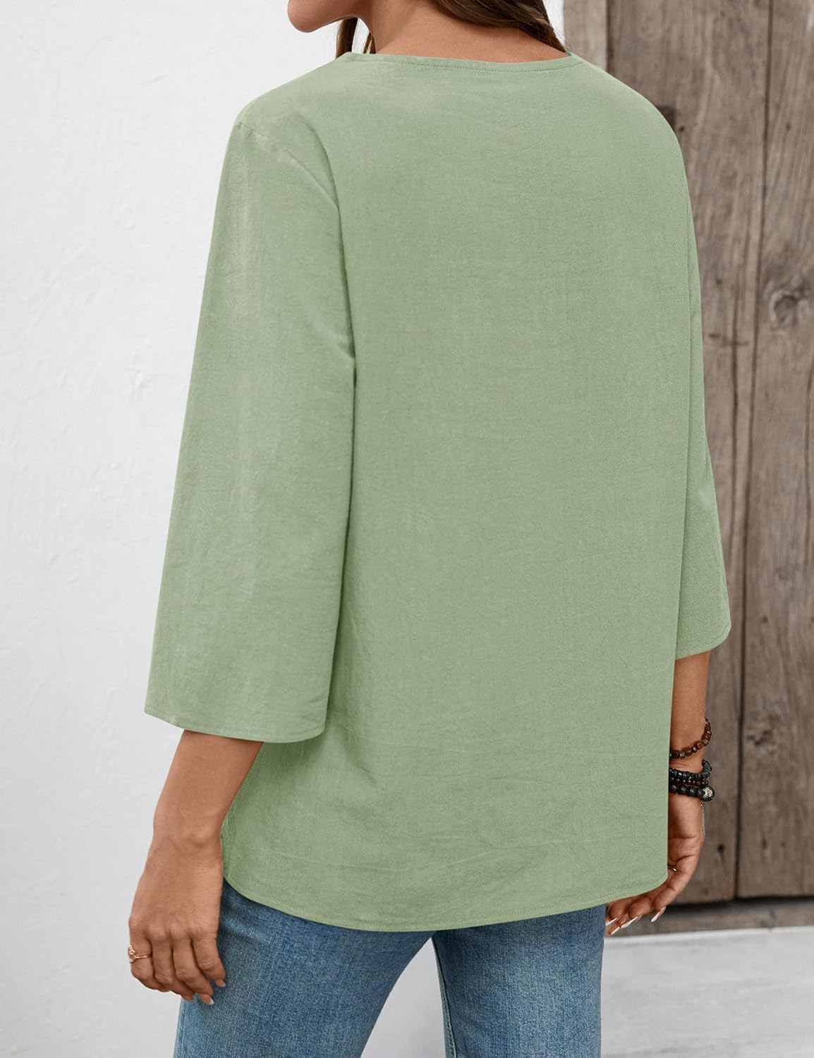 LOMON Womens 3/4 Sleeve Tops Cotton Linen Shirts V Neck Lace Casual Loose Fit Blouses Boho Fashion - Image 4