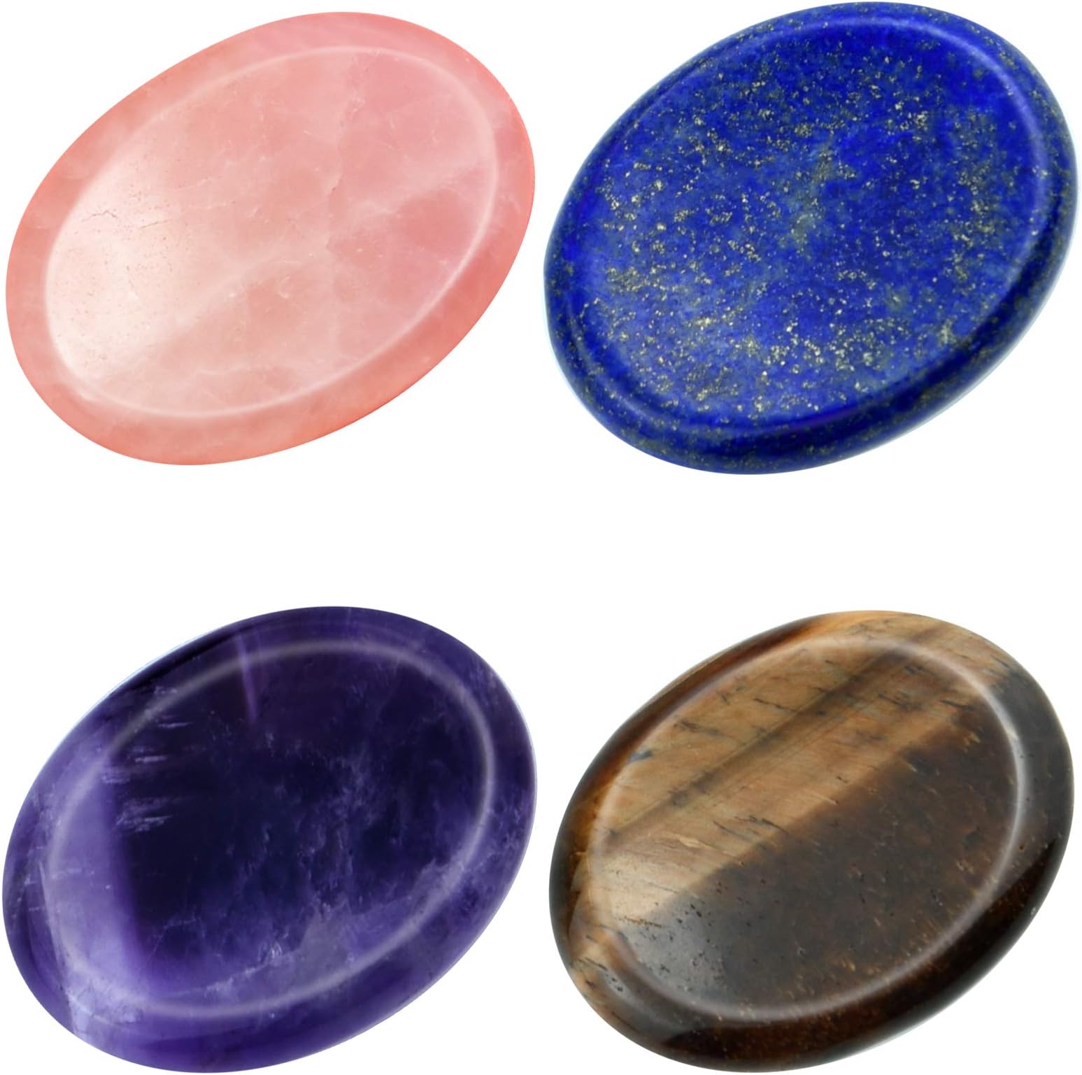 Marrywindix 4 Packs Natural Thumb Worry Stone Set Pink Crystal Amethyst Tiger Eye Lapis Lazuli for Anxiety Stress Relief Meditation Crystal Therapy