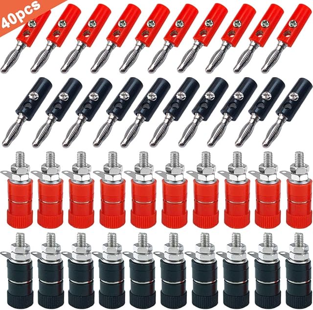 QitinDasen 40Pcs Premium 4mm Banana Plug Socket Connector Kit: 20Pcs Nickel Plating Banana Plug + 20Pcs Binding Post Terminal, for Speaker, Audio/Video Receiver, Amplifiers Systems (Red & Black)