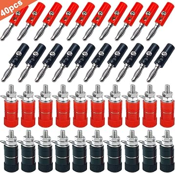 20 Pairs 4 mm Banana Plug Socket Connectors, Nickel Plated Banana Plug and Binding Post Terminal Red & Black