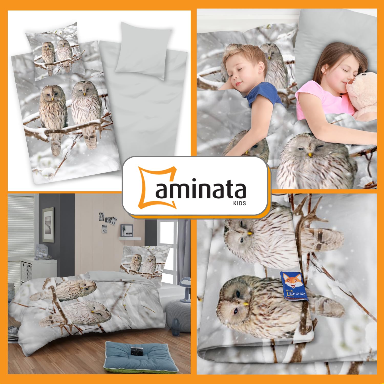 Aminata kids Biber Bettwäsche Eule 135x200 100% Baumwolle Tier-Motiv