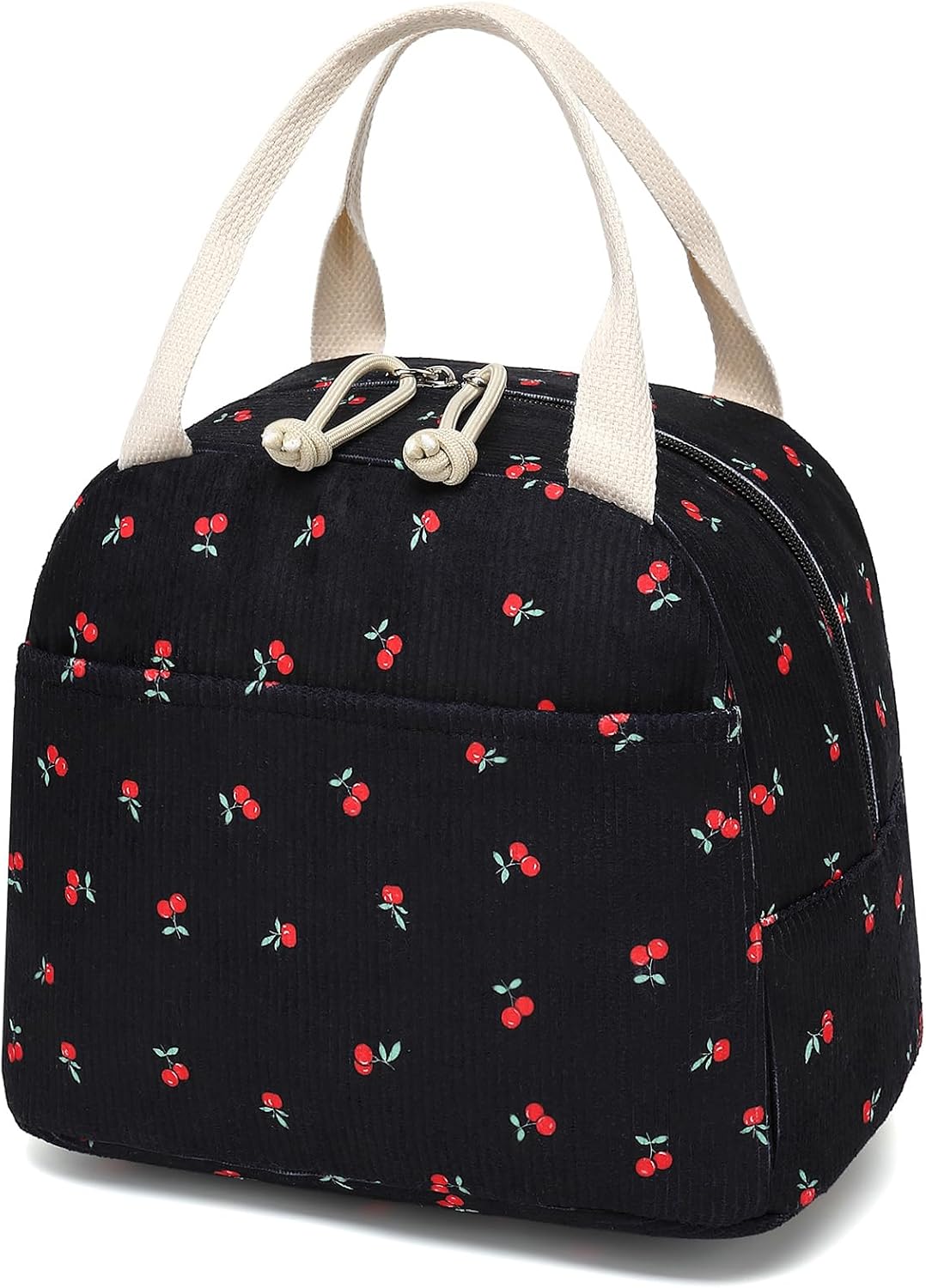 Corduroy Lunch Box for Women Girls, Lunch Tote Bags Reusable Insulated Cooler Lunchbag Large Capacity Lunchbox for School Work Travel Picnic (Cherry Black)