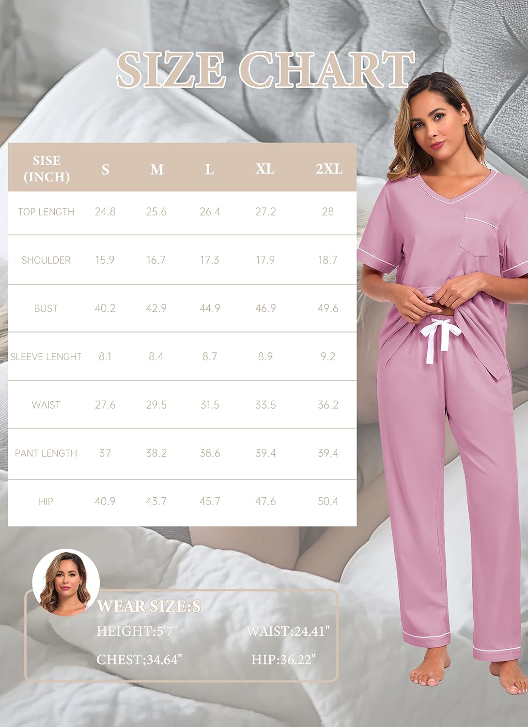 EA'S SECRET 100% Cotton Pajamas for Women Set V Neck Loungewear Pajama Pants Womens Lounge Sets Pjs Sleepwear with Pockets - Image 7