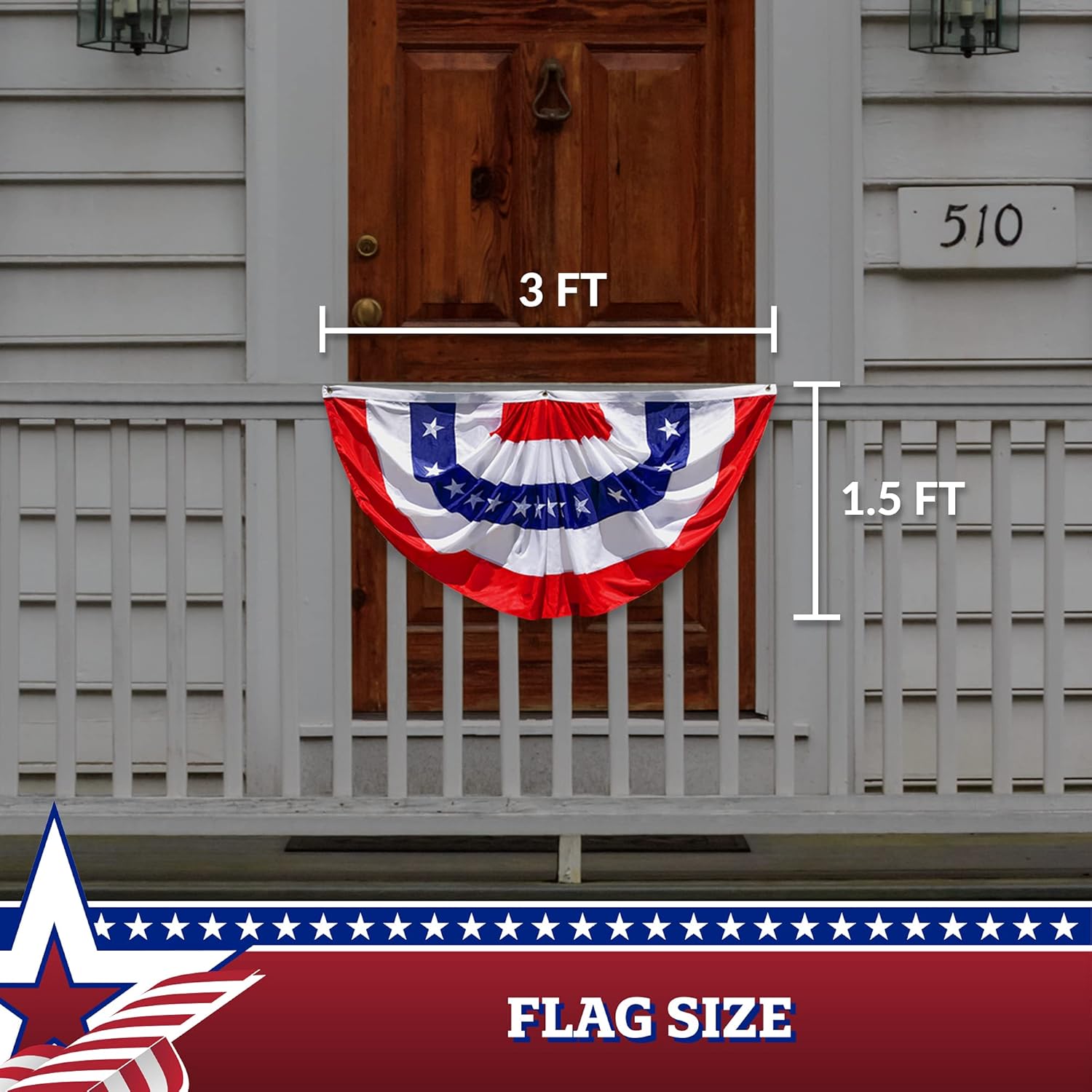 G128 – 3 Pack: USA Pleated Fan Flag 1.5x3 Feet American USA Bunting Decoration Flags EMBROIDERED Patriotic Stars & Sewn Stripes Canvas Header and Brass Grommets