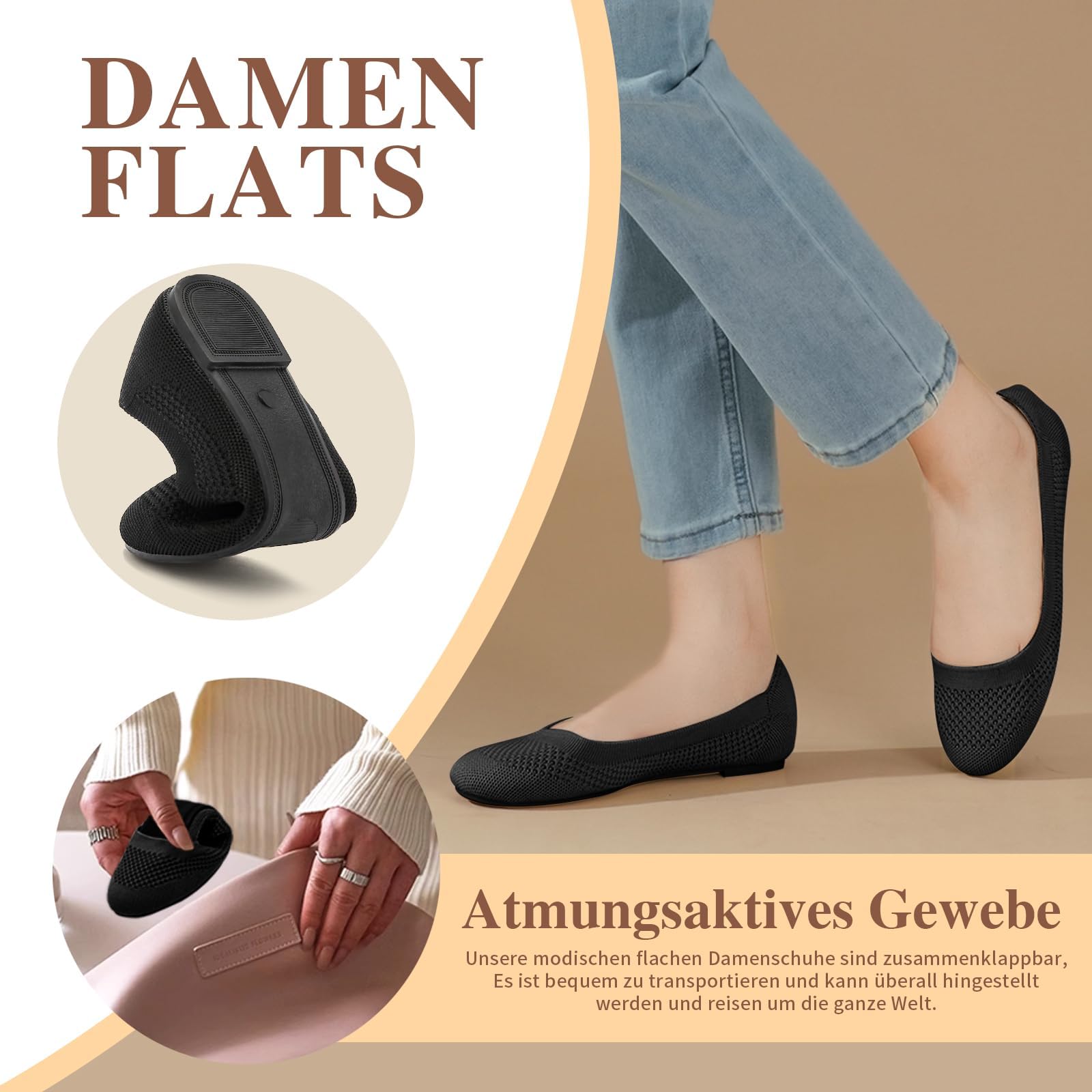 Damen Ballerina Flache Schuhe Komfort Slip On Klassische Rundkappe Pumps Schuhe Knit Faltbare Ballerinas Elegant Bequem Sommerschuhe Walking Flats für Frauen