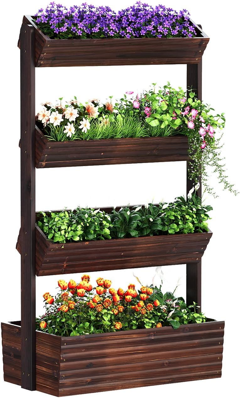 Vertical Wooden Raised Garden Bed, Freestanding Plant Stand Flower Rack Wooden Planter Box for Plants Herbs Flowers Vegetables Outdoor Indoor Gardening (4-Tier Carbonized)
