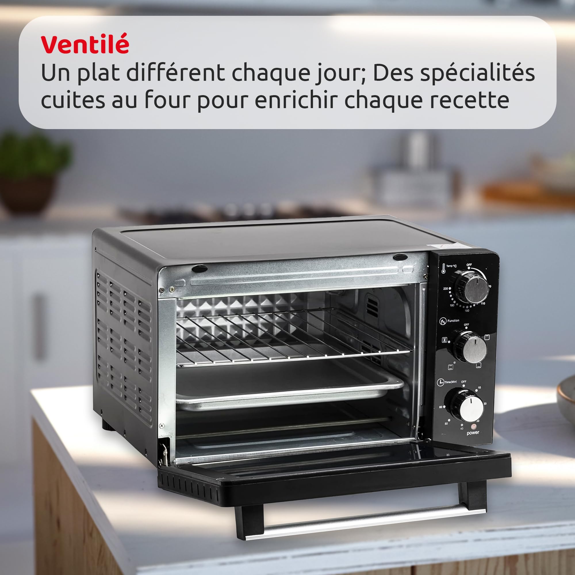 Melchioni Family | Four électrique Ventilé DEVIL, Capacité 32 litres, 3 Modes de Cuisson, Minuterie 60 minutes, 1500W, Double Vitre, Lumière Interne et Température jusqu'à 230° C, 49 X 44 X 305 cm