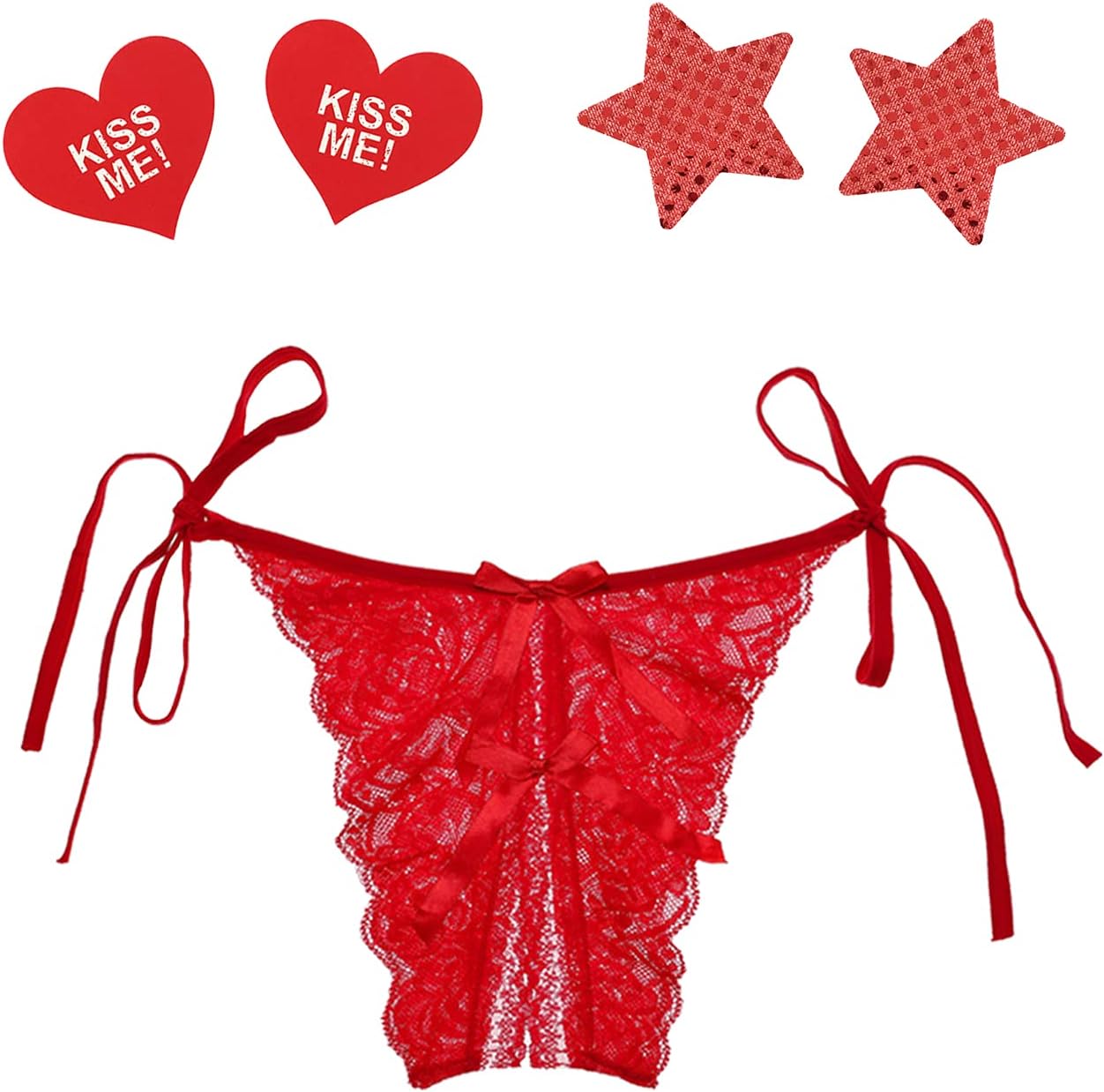 Celamirio Women's Sexy Side Tie Lace Thong Panties Underwear, 1 Red Lace Thong + 2 Pairs Disposable Pasties, S