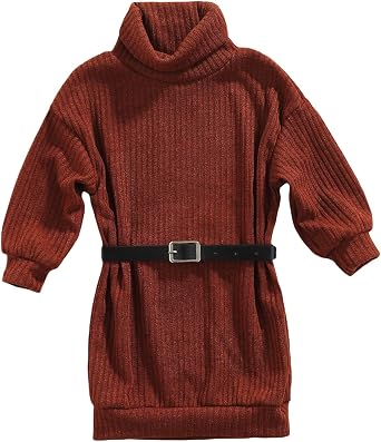 GOOCHEER Toddler Baby Girl Outfits Turtleneck Knit Sweater Dress Kids Solid Ribbed Long Sleeve Dresses +Belt Fall Clothes