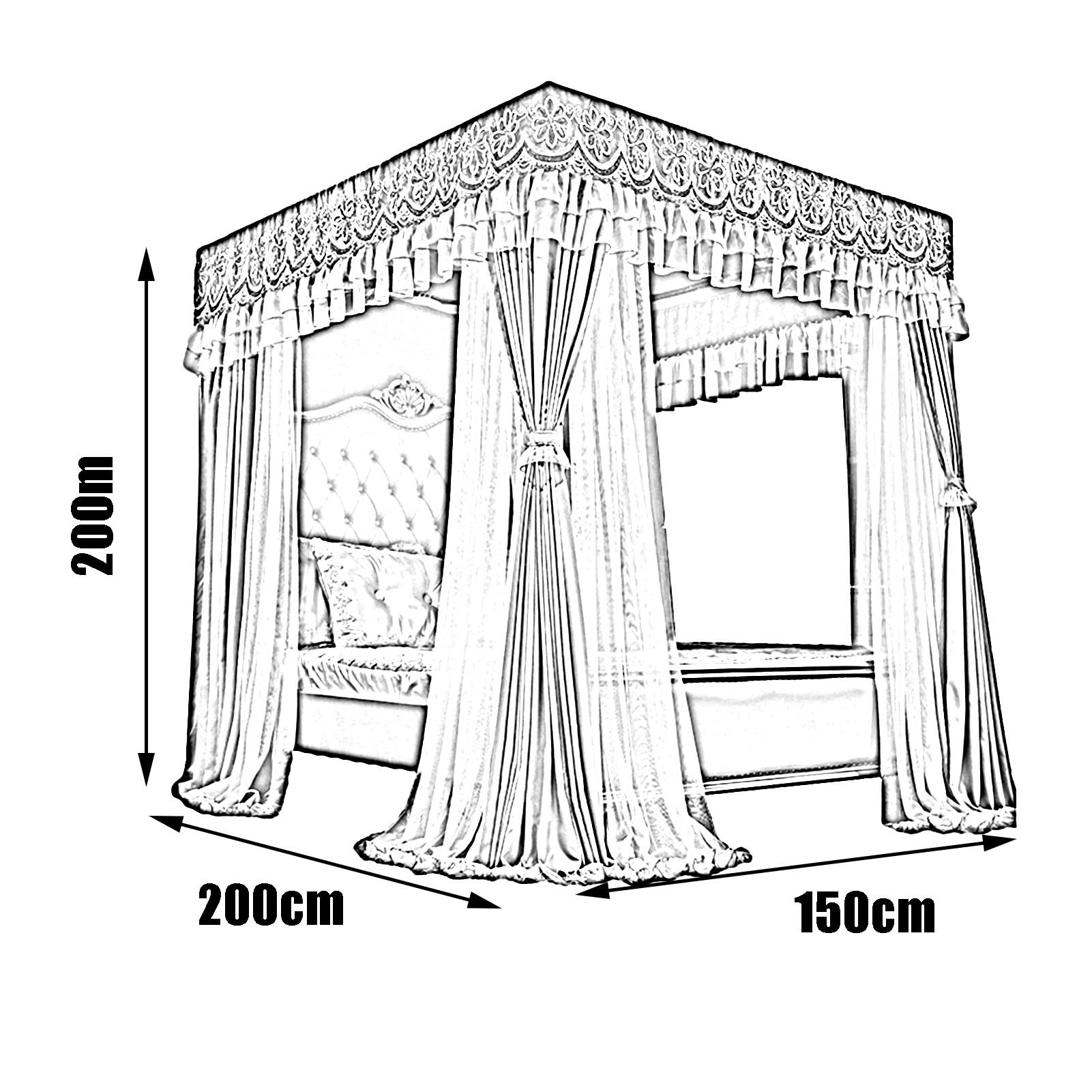 Betthimmel, Doppelbett-Moskitonetz, Verdunkelungs- und staubdichter Luxus-Betthimmel, dekorativer Bettvorhang für Schlafzimmer mit Stangen (150 x 200 x 200 cm)