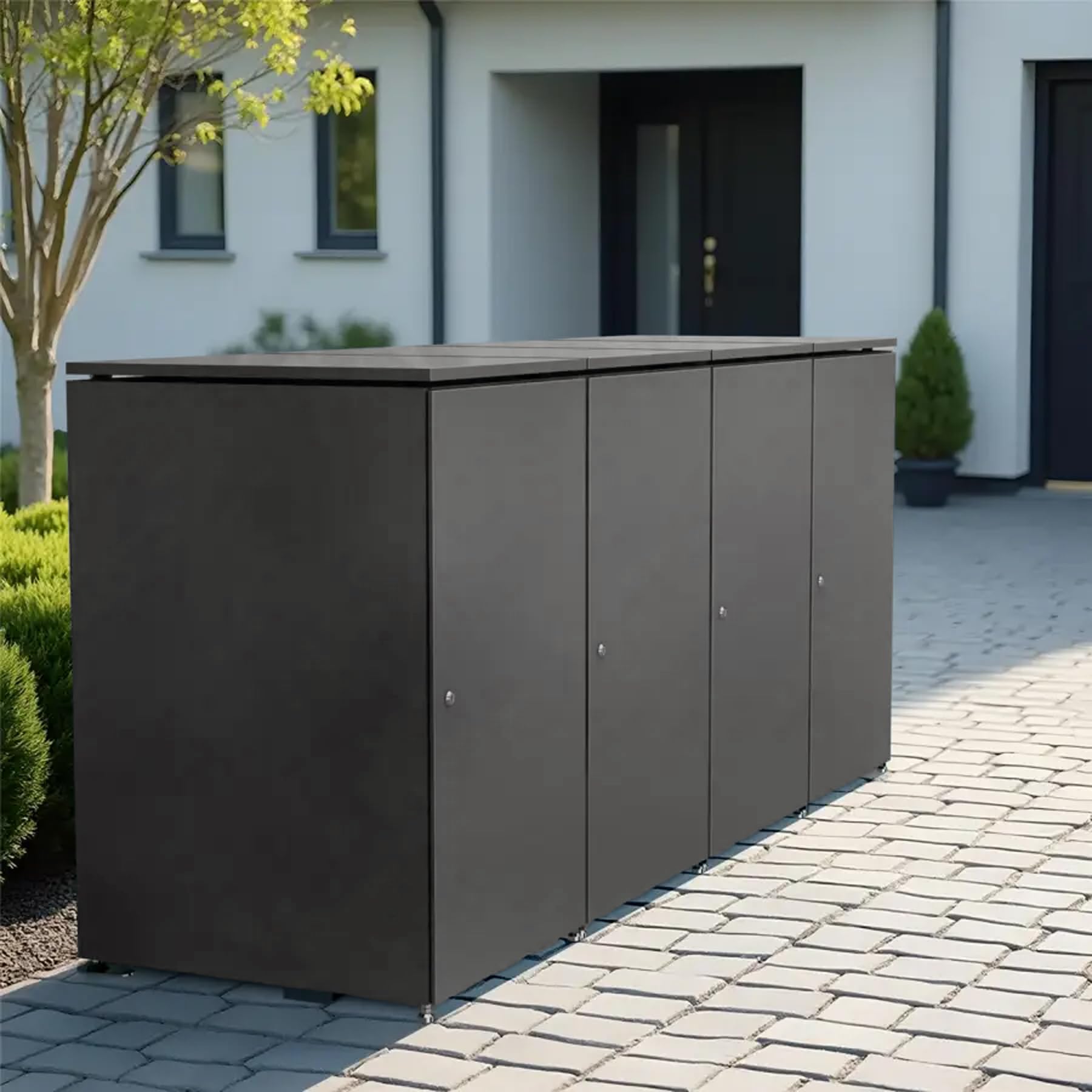 Metzler Mülltonnenbox 4er 240L in Eisenglimmer | Für 4 Tonnen aus Aluminium rostfrei & abschließbar | Mülltonnenverkleidung außen mit Automatikdeckel & höhenverstellbare Füße | Müllbox für Garten