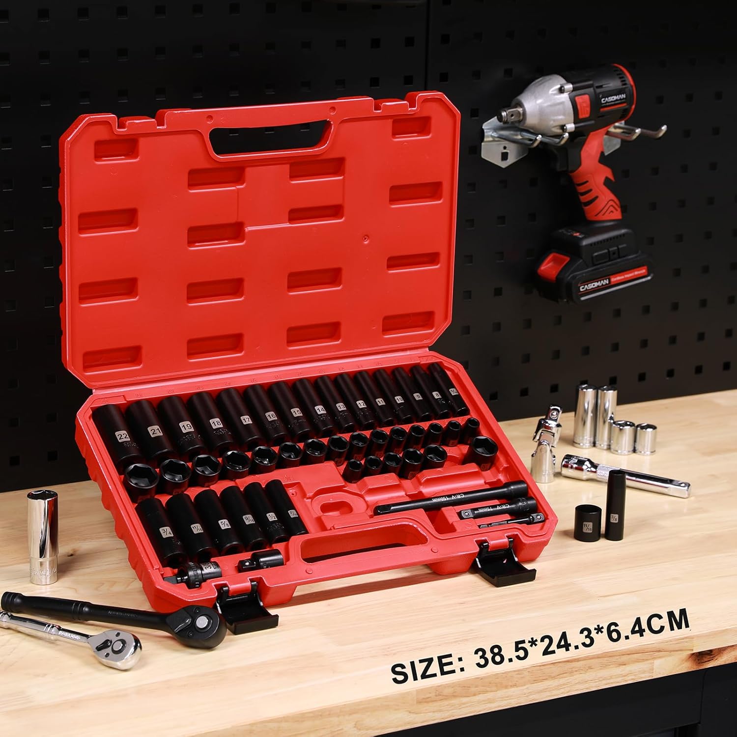 Mayouko 3/8” Drive Impact Socket Set, 50-Piece Standard SAE(5/16”-3/4”) and Metric Size(8-22mm), Deep & Shallow, 6 Point, CR-V, 72-Tooth Ratchet Wrench Handle, Extension Bars, Universal Joint