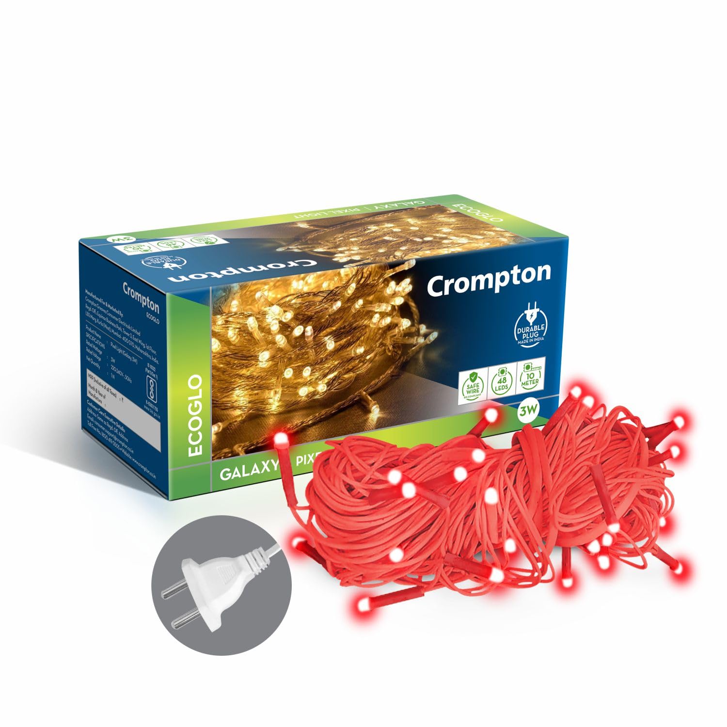 Crompton Galaxy Pixel Light | Festive Ladi Lights | 10 Meter | 48 LEDs | Red | Pack of 1 | Direct 2-pin Plug | BIS Safe Wire | for Home Decoration, Diwali, Festival, Birthday, Marriage
