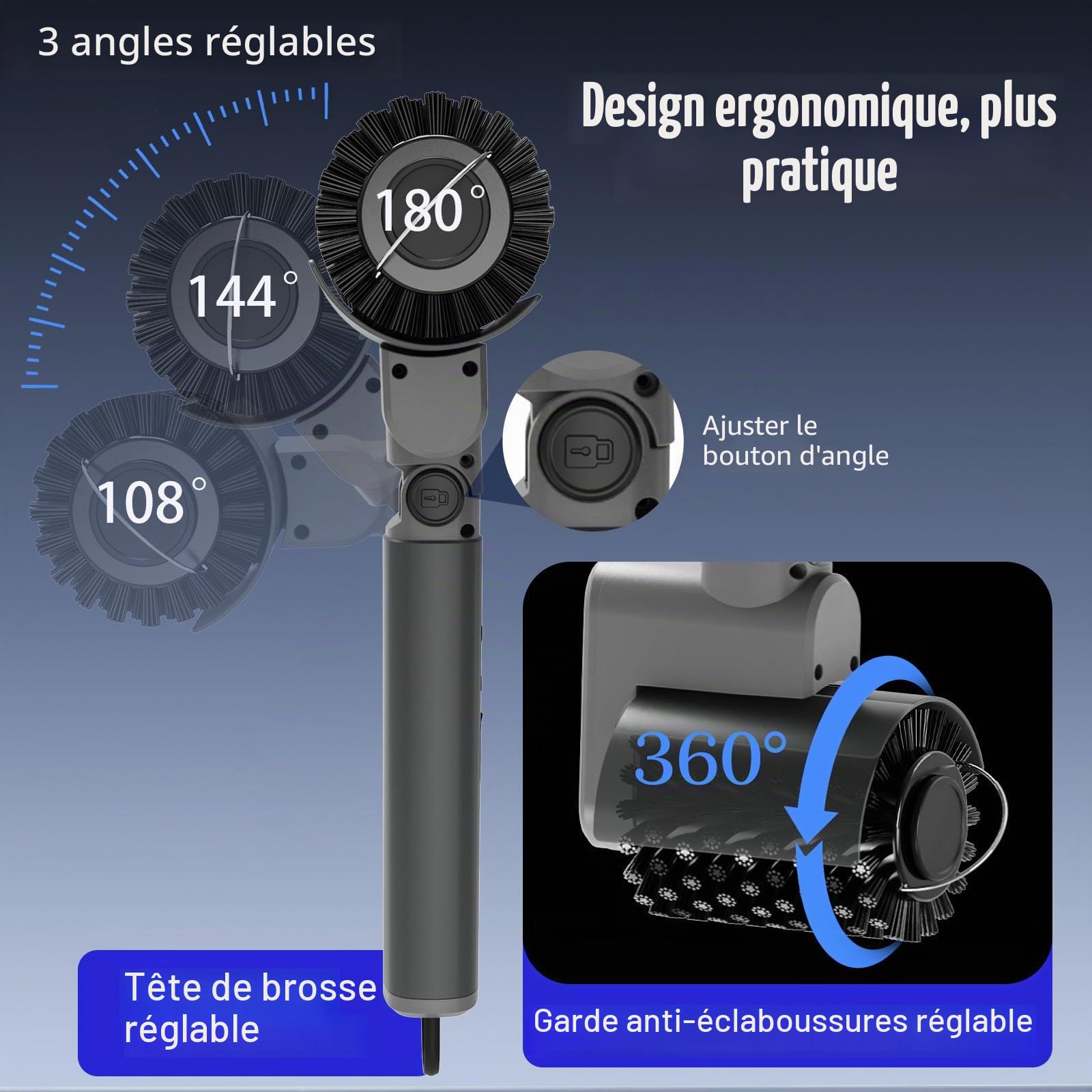 Brosse électrique Barbecue, Brosse Rotative électrique pour Grill avec Angle Réglable, 3 Vitesses, Autonomie 90 Min, 3 têtes de Brosse, Étanche Nettoyeur Grille Barbecue Electrique pour Grilles