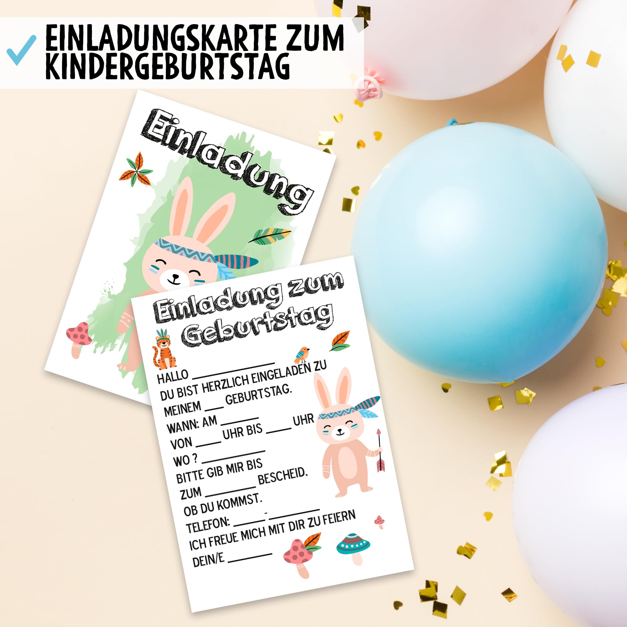 OWLBOOK Hase Boho 50 Einladungskarten Kindergeburtstag Junge Mädchen Kinder - Wilde Tiere Geburtstag - Kindergeburtstagseinladungen Wald Tiere Zoo Dschungel Einladungen zum Ausfüllen mit Umschläge