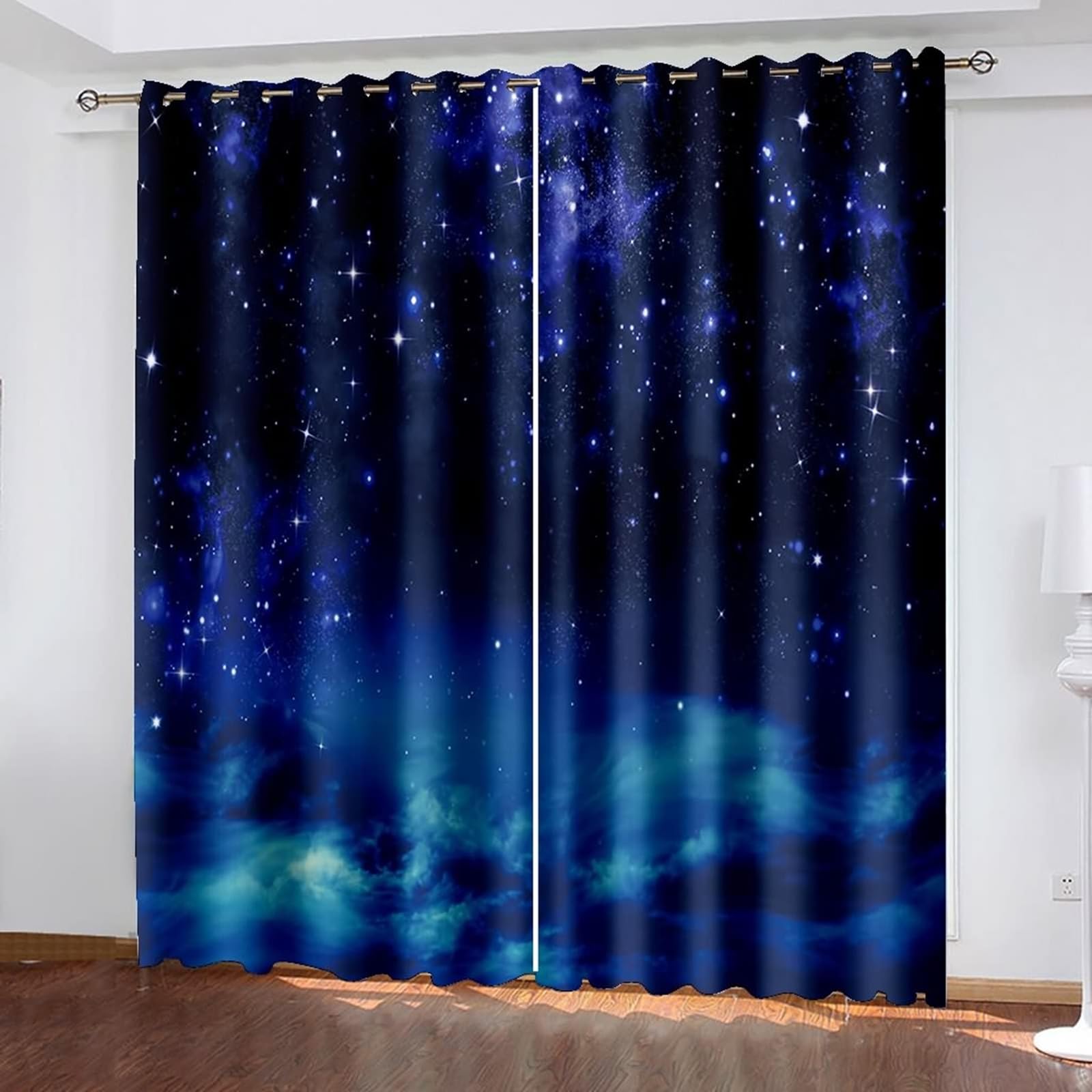 1 Paire de Rideaux Occultant, Rideau Interieur Thermique à Oeillets Paysage de Ciel Étoilé et Nuages Rideaux de Fenêtre pour Chambre Salon Intérieurs, 86x138 CM(LxH), Bleu Marine