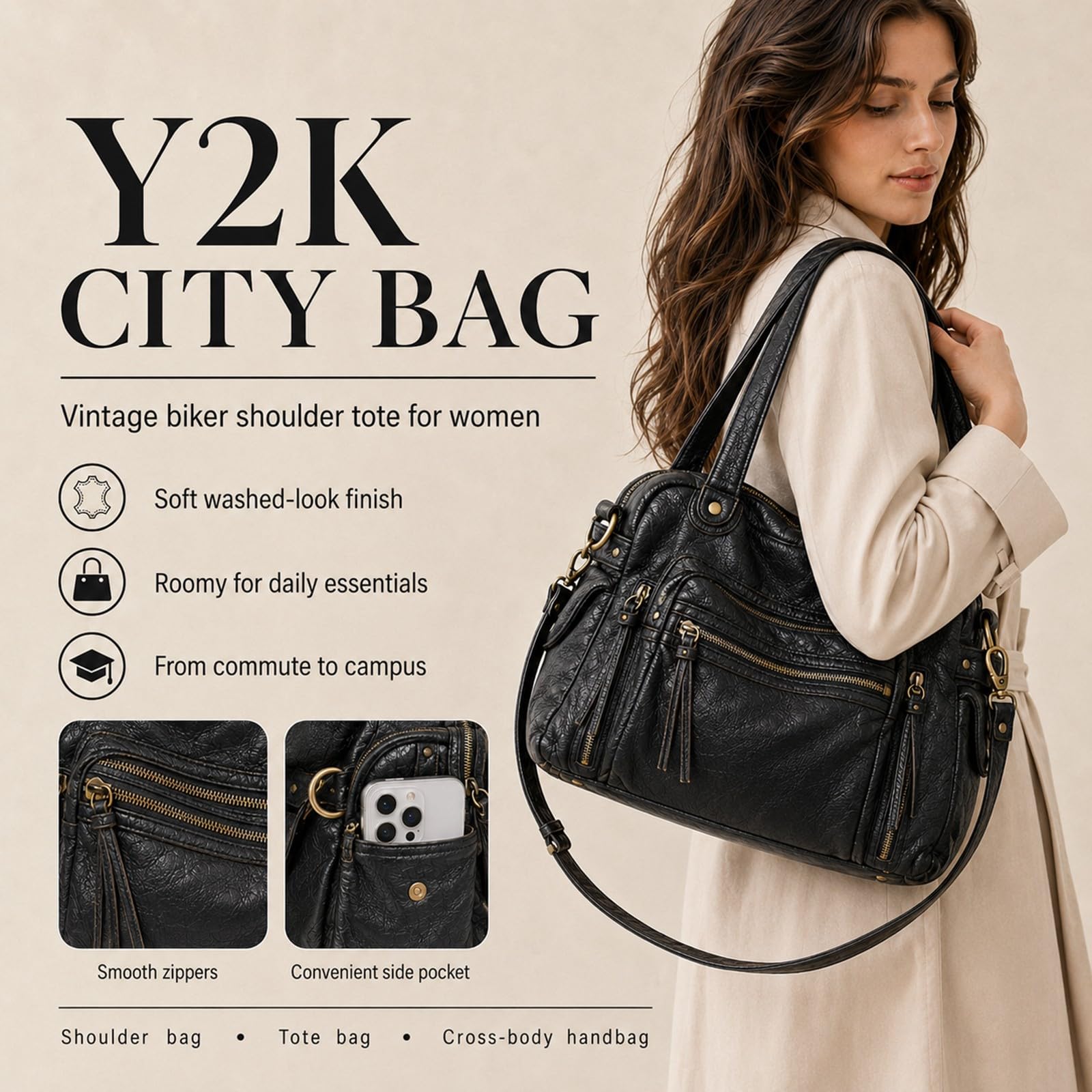Bolso Mujer Grande, Tote Bag Vintage en Cuero PU, City Bag para Viaje