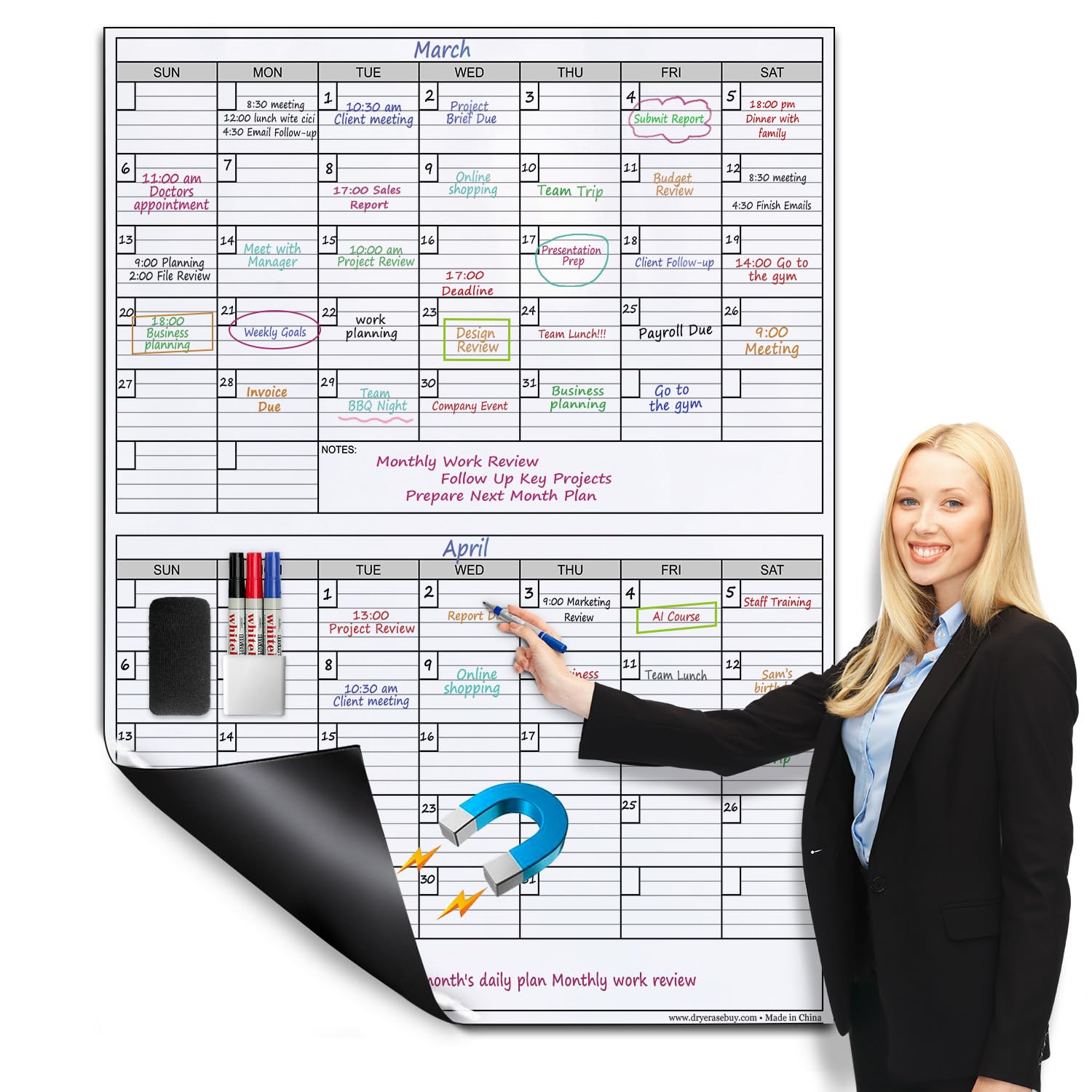 Extra Large Magnetic Dry Erase Two Month Calendar for Wall, 38" x 50" Jumbo Laminated 60 Day Whiteboard Calendar, Dual-Sided Magnetic Undated Planner with Big Blocks for Office & Family