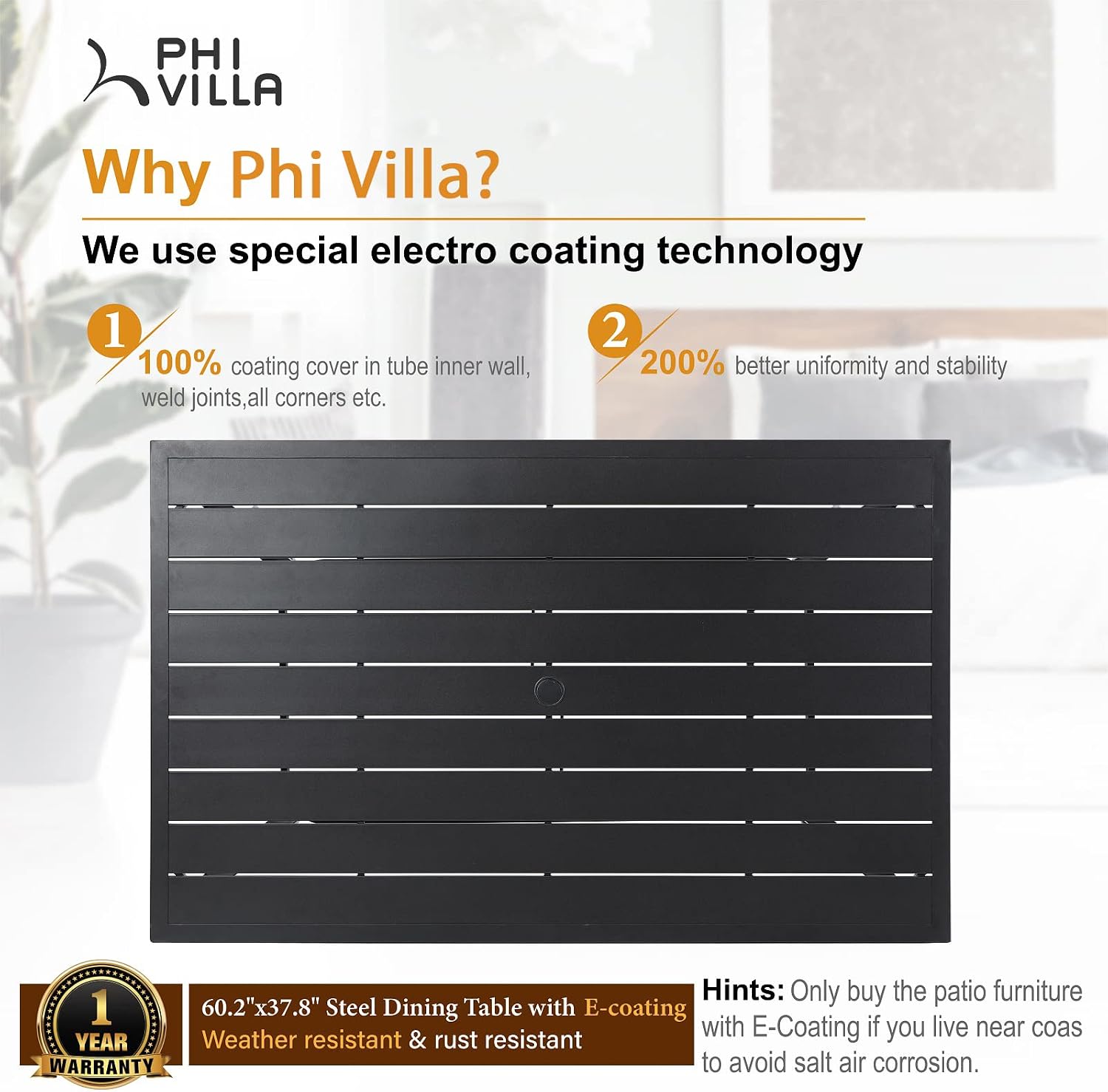 PHI VILLA 7 Piece Metal Outdoor Patio Dining Bistro Sets with Umbrella Hole - 60.2" x 37.8" Rectangle Patio Table and 6 Backyard Garden Outdoor Chairs, Black