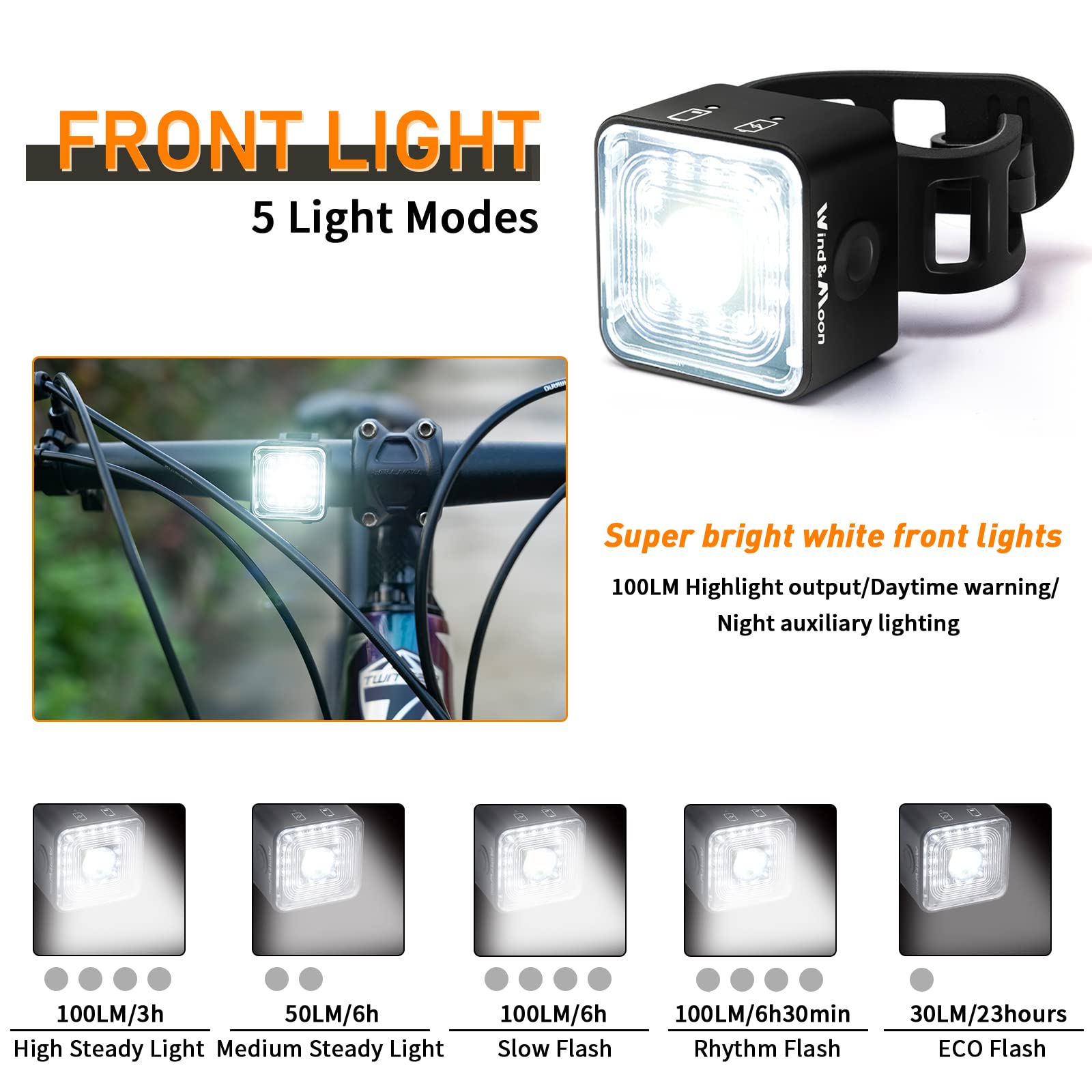 Luce Anteriore Bici da Corsa, Faro Ricaricabile USB, 5 Modalità di Illuminazione, IP66 Impermeabile/100LM Faro/2000 m di Distanza di Avvertimento
