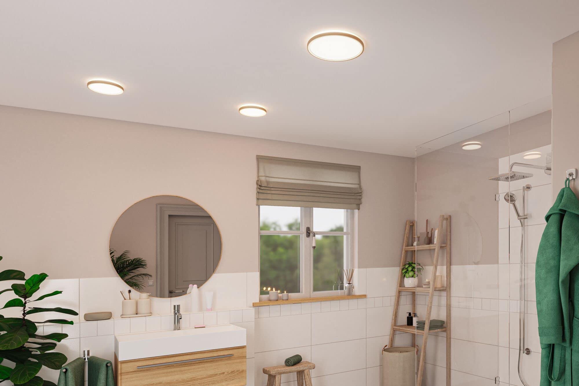 Paulmann 71033 Panneau LED Atria Shine Plafonnier avec rétro-éclairage rond IP44 16W 1600lm 293mm esthétique bois matière plastique 4000K Luminaire de salle de bain