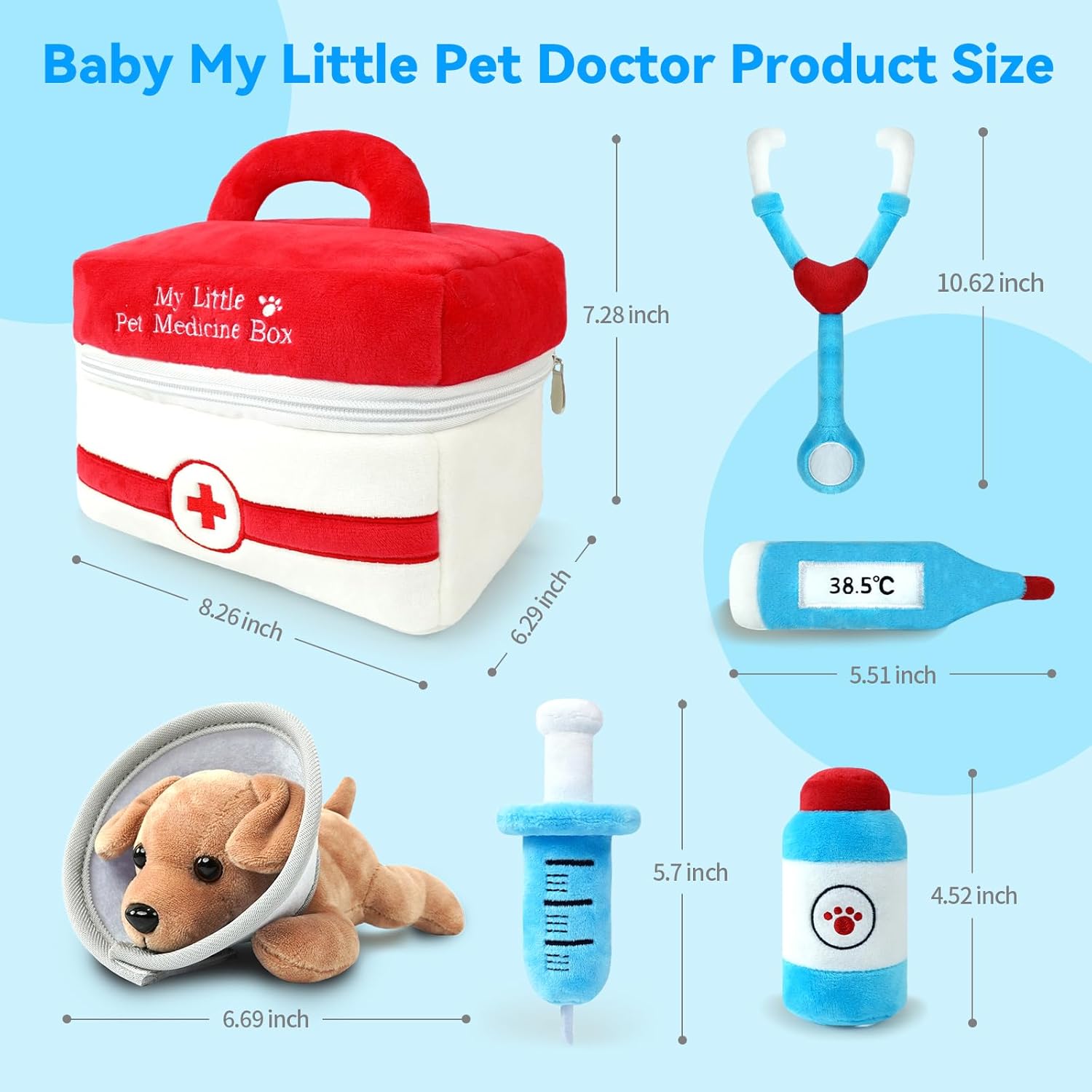 Stuffed Plush Pet Vet Kit for Baby Toddler, 6-Pcs My Little Pet Doctor Plush Playset, Sensory Pretend Play Stuffed Plush Toy with Pet Medicine Box/Puppy Patient/Stethoscope, Boy Girl Infant Gifts