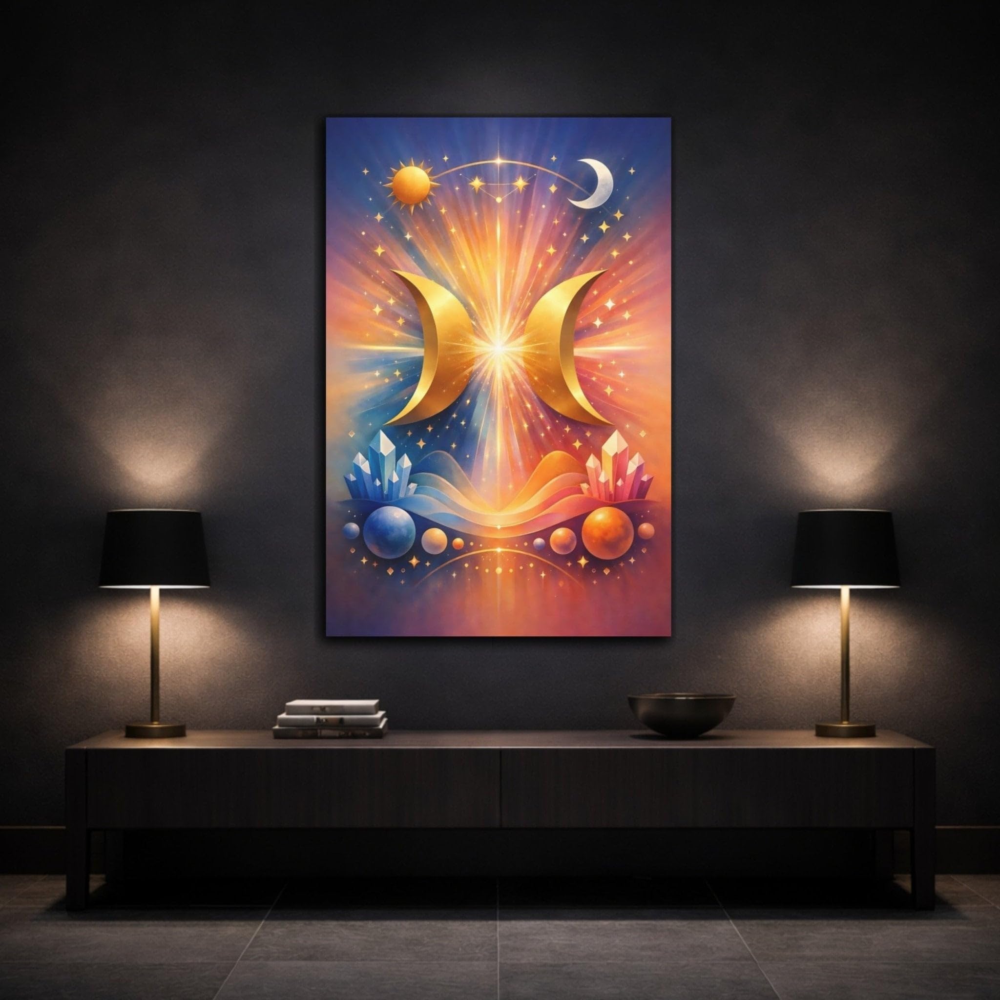 Science Fiction Golden Crescents Cosmic - Canvas Wall Art Print 12×18 inch (30×45 cm) - Vertical / 1.25 inch (3 cm)